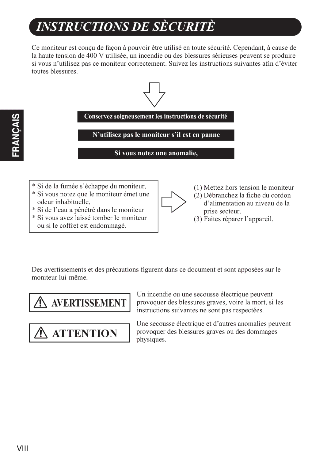 Hitachi 42HDW10 user manual Instructions DE Sècuritè, Français 