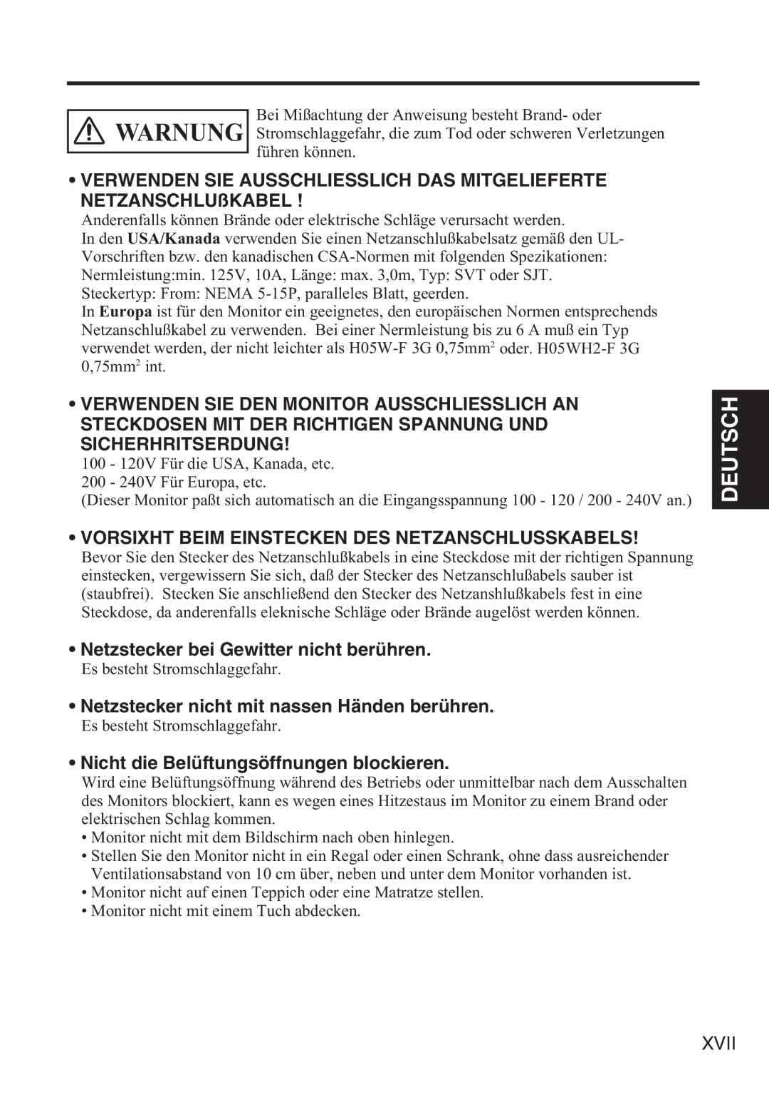 Hitachi 42HDW10 user manual Netzstecker bei Gewitter nicht berühren, Netzstecker nicht mit nassen Händen berühren 