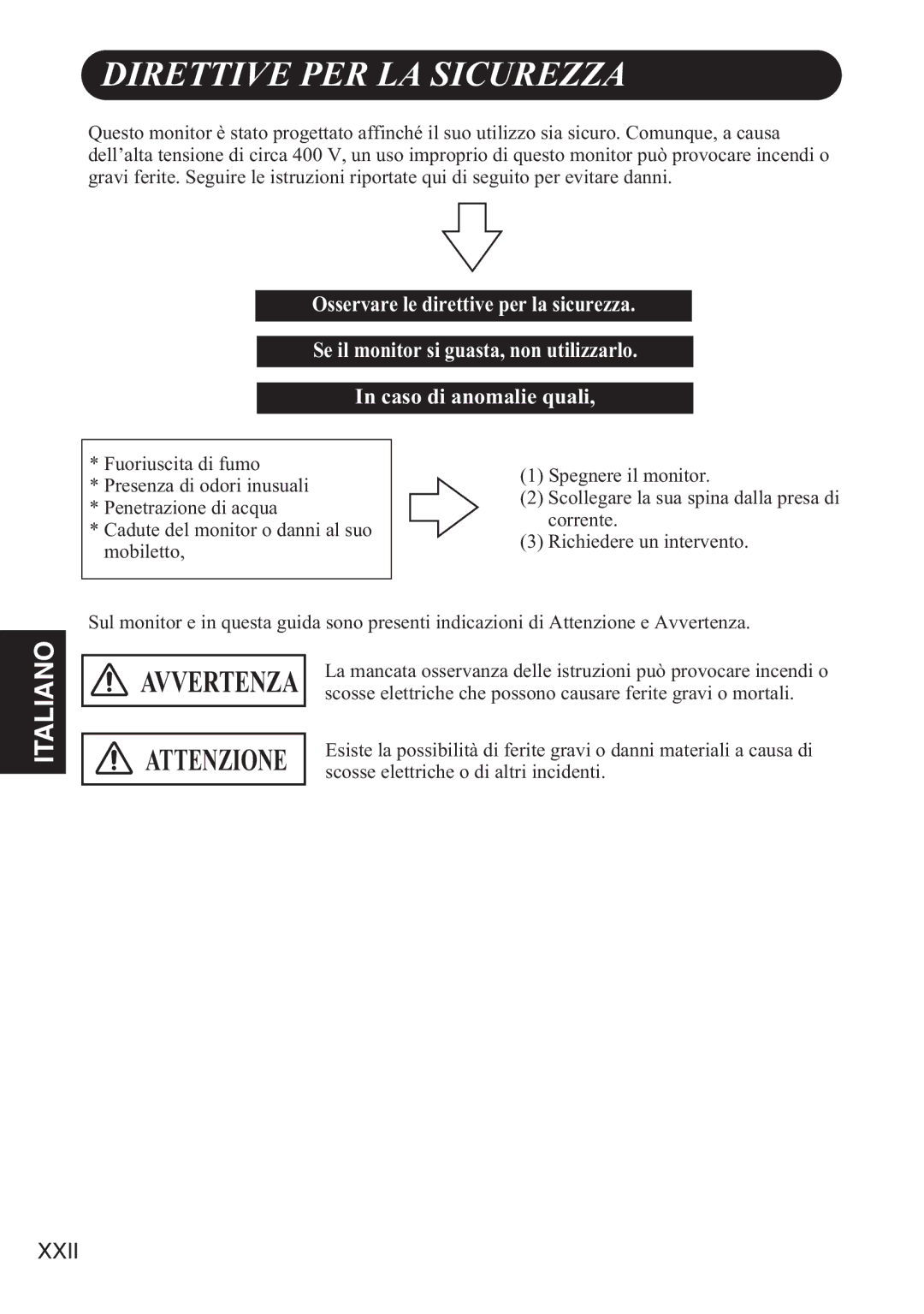 Hitachi 42HDW10 user manual Direttive PER LA Sicurezza, Attenzione 