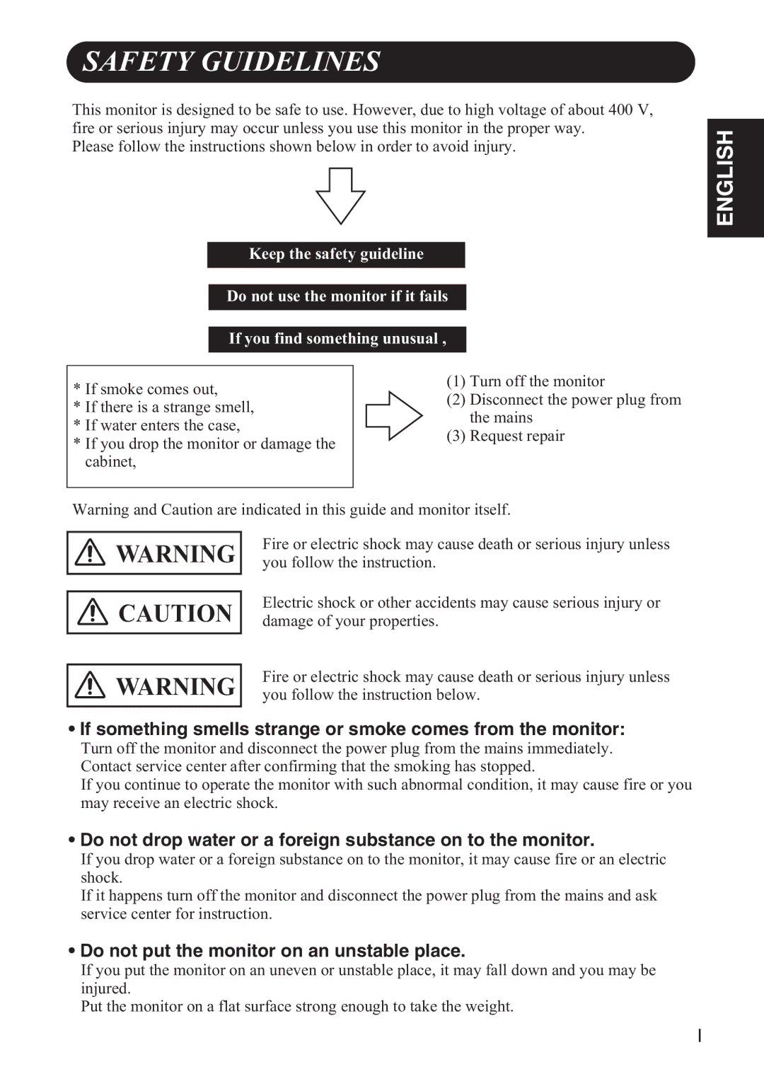 Hitachi 42HDW10 user manual Safety Guidelines, If something smells strange or smoke comes from the monitor 