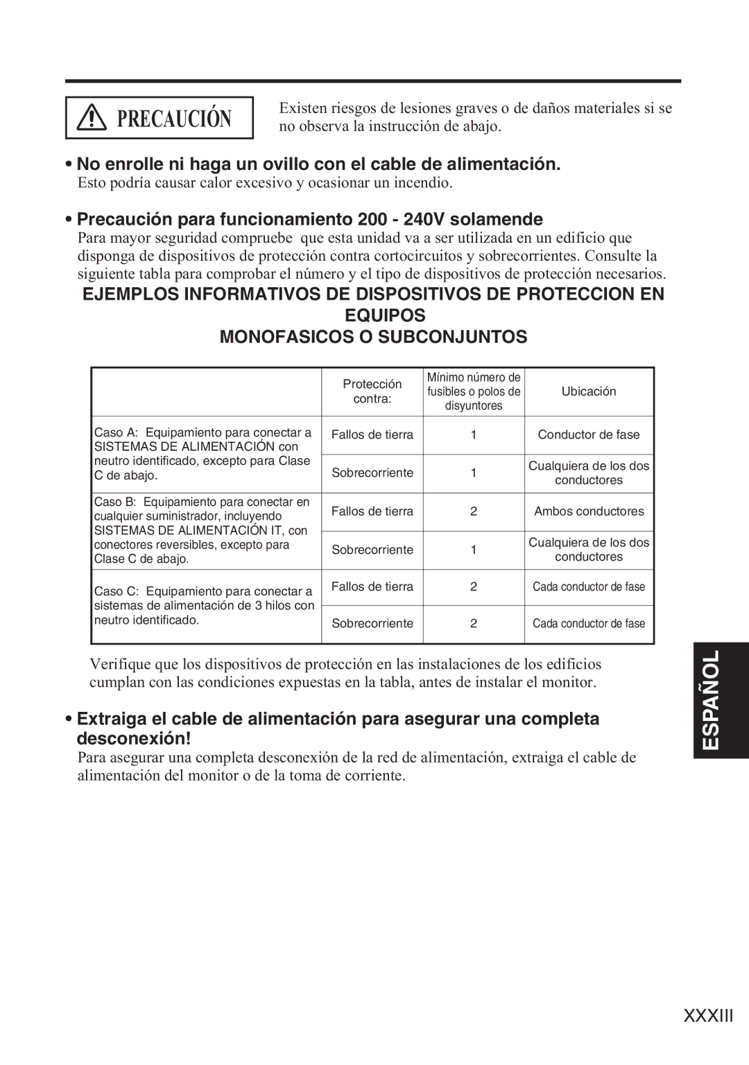 Hitachi 42HDW10 user manual No enrolle ni haga un ovillo con el cable de alimentación 