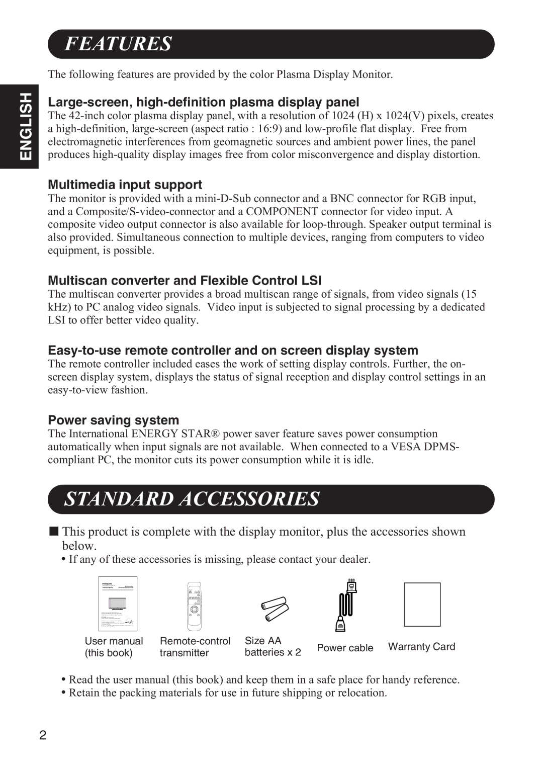 Hitachi 42HDW10 user manual Features, Standard Accessories 