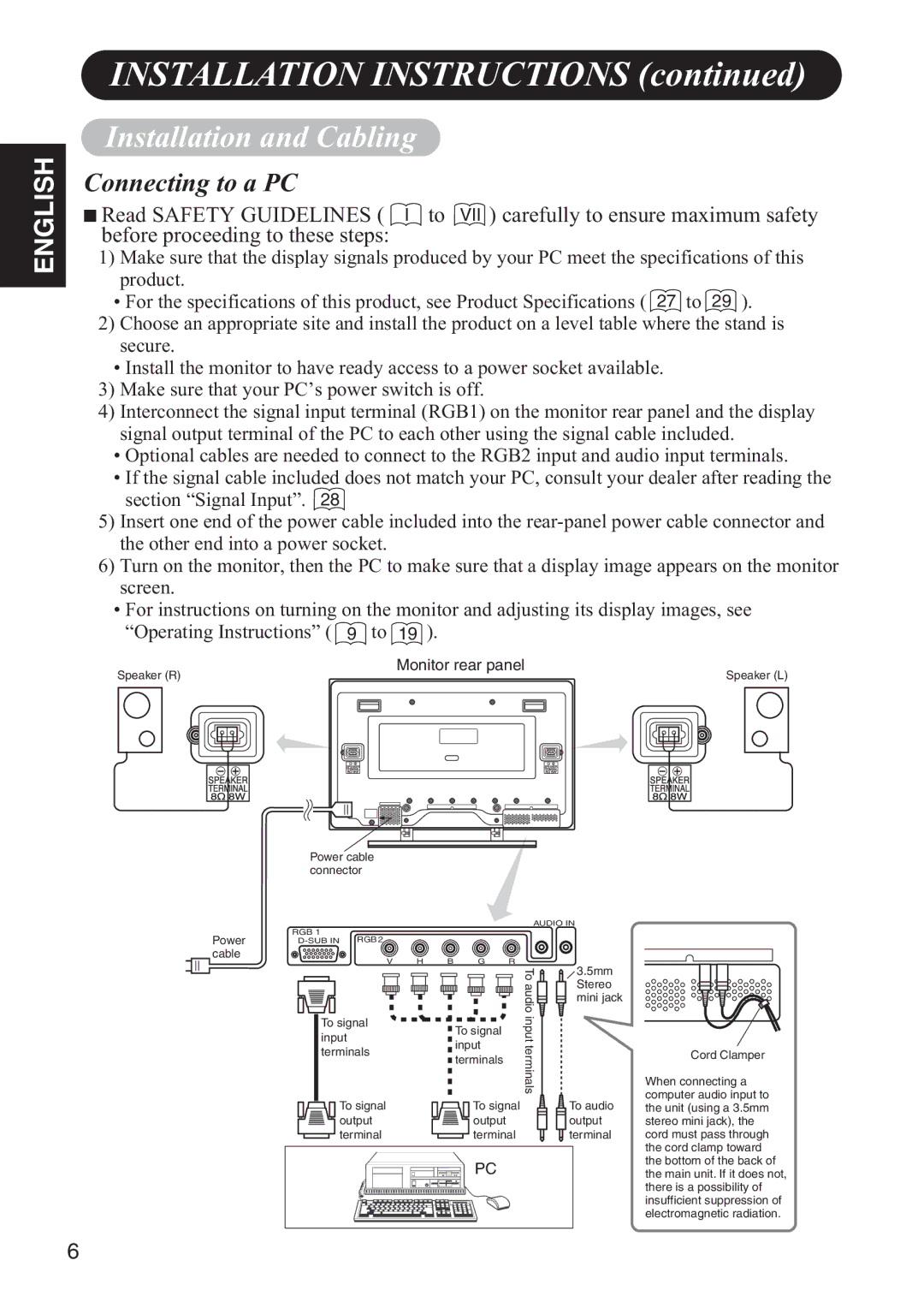 Hitachi 42HDW10 user manual Installation and Cabling, Connecting to a PC 