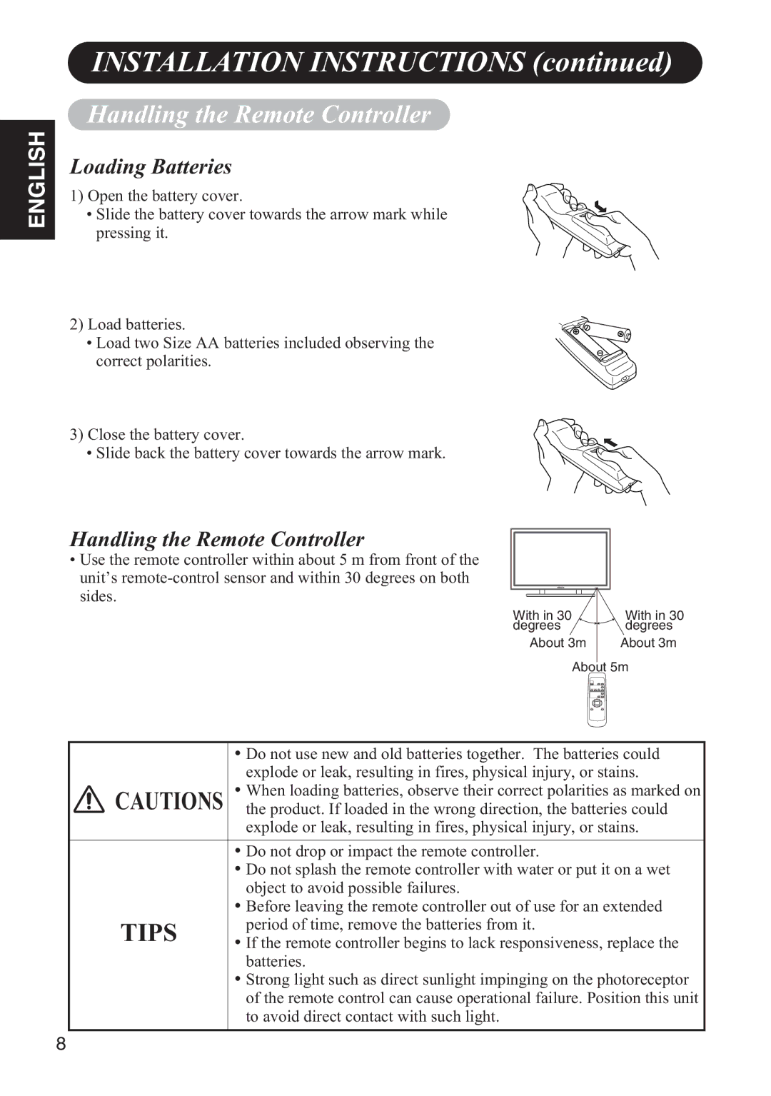 Hitachi 42HDW10 user manual Handling the Remote Controller, Loading Batteries 