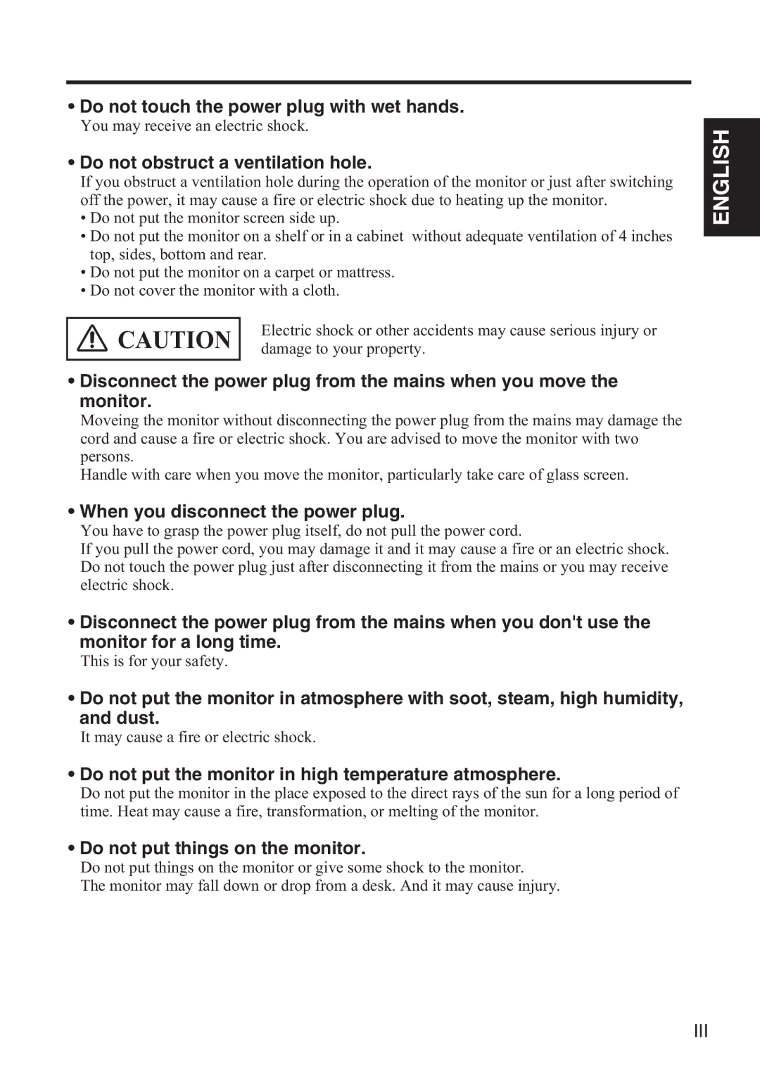 Hitachi 42HDW10 user manual Do not touch the power plug with wet hands, Do not obstruct a ventilation hole 