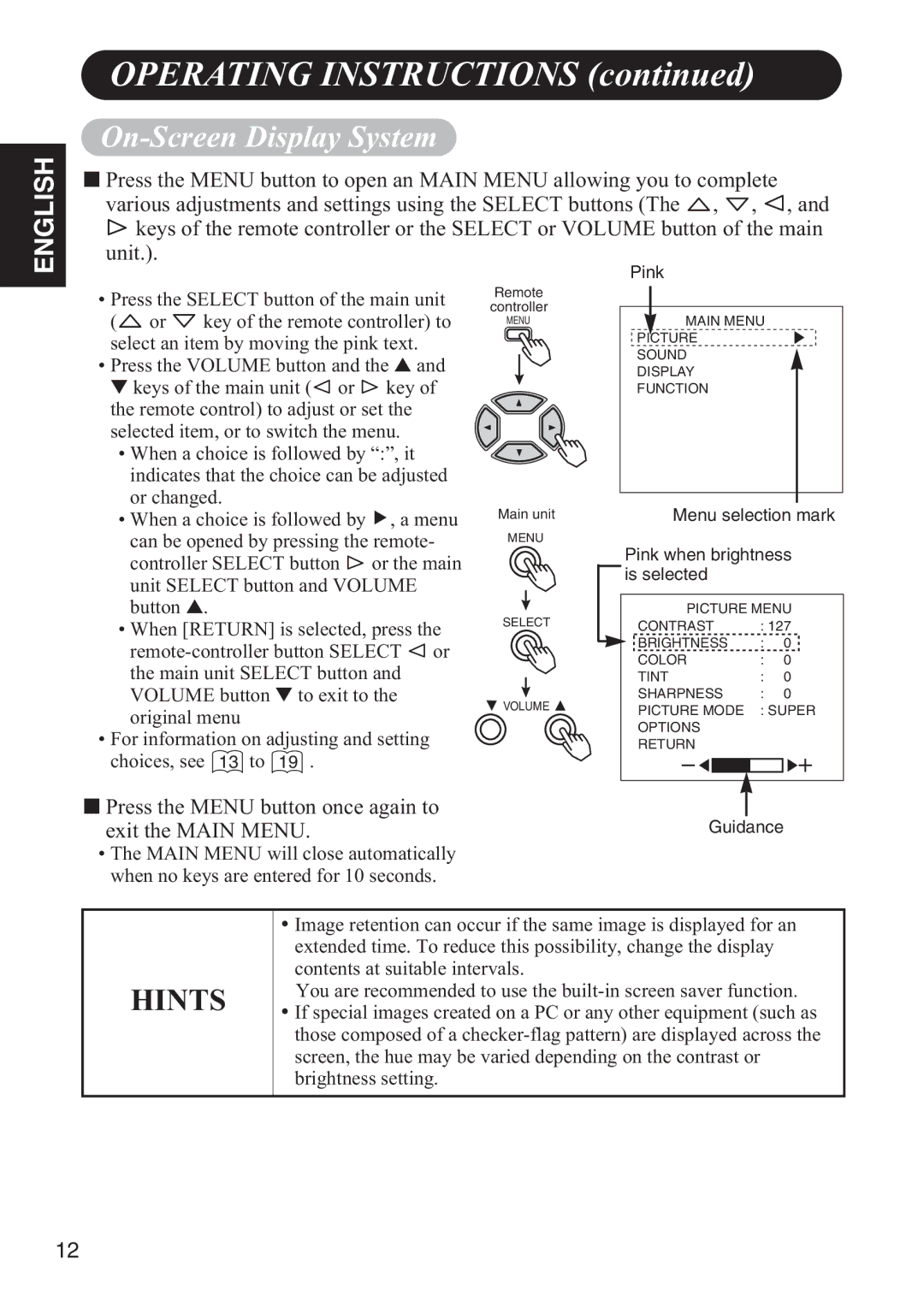 Hitachi 42HDW10 user manual On-Screen Display System, Menu selection mark Pink when brightness is selected, Guidance 