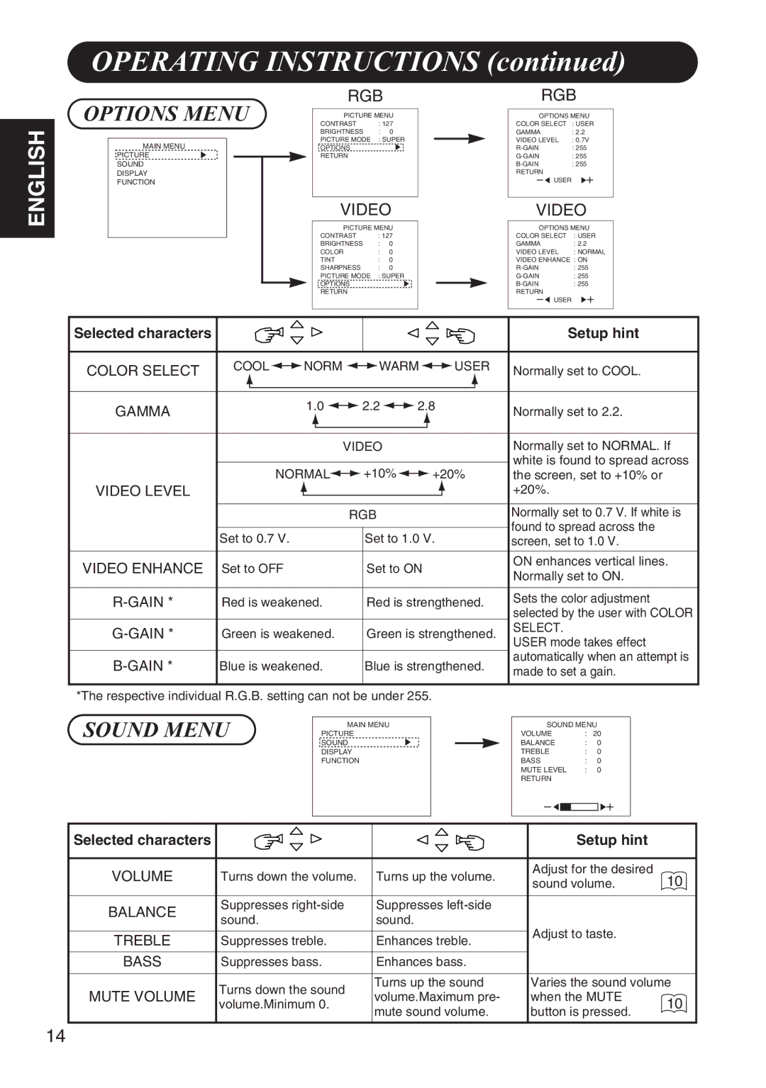 Hitachi 42HDW10 user manual Options Menu, Sound Menu 