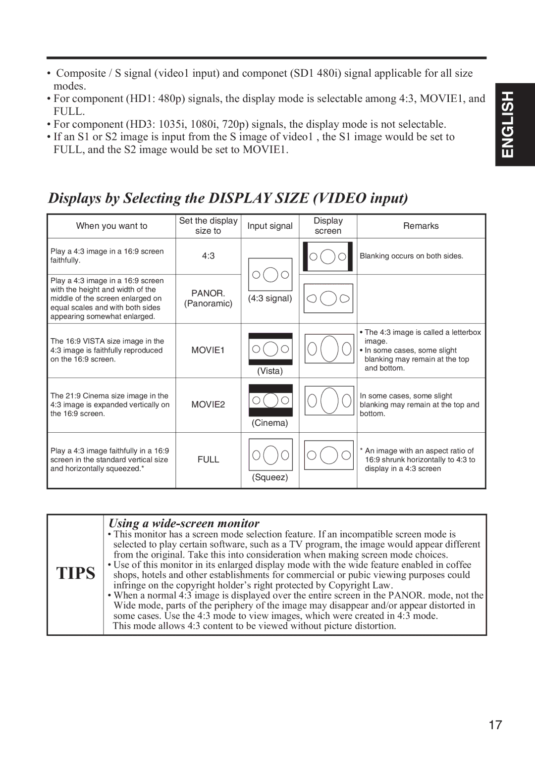 Hitachi 42HDW10 user manual Displays by Selecting the Display Size Video input, Size to Screen 