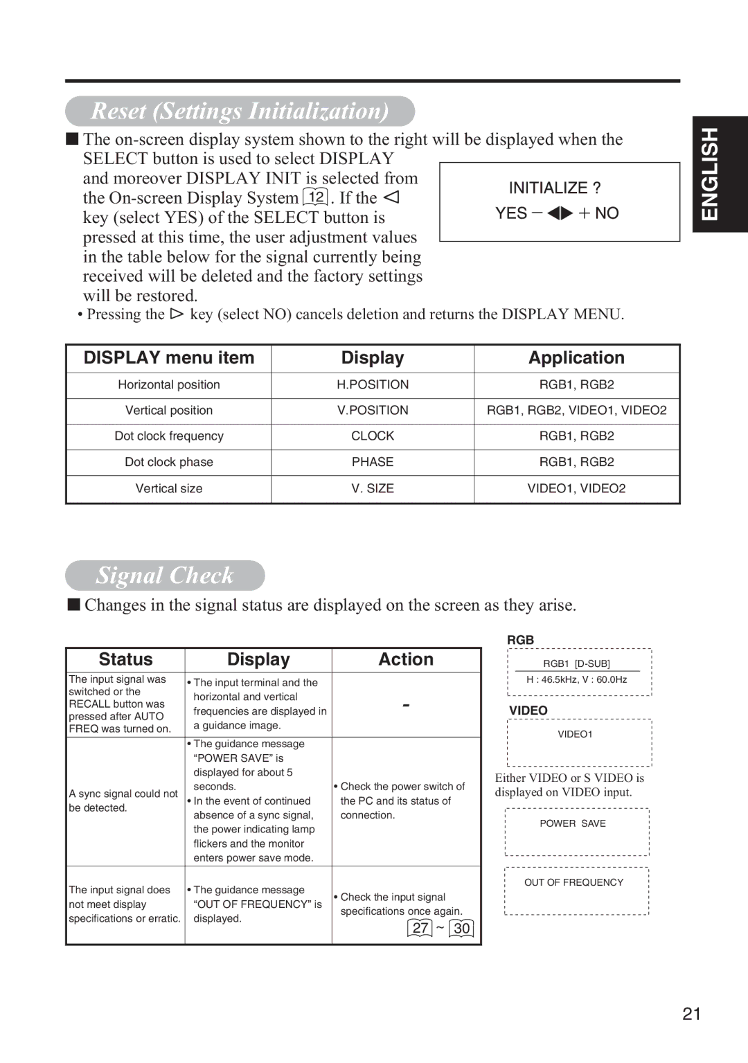 Hitachi 42HDW10 Reset Settings Initialization, Signal Check, Display menu item Application, Status Display Action, 27 ~ 