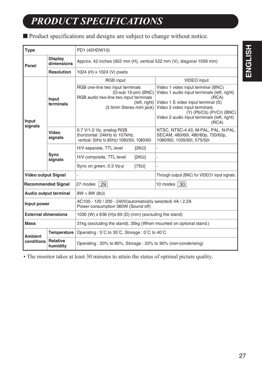 Hitachi 42HDW10 user manual Product Specifications, Panel Dimensions Resolution 