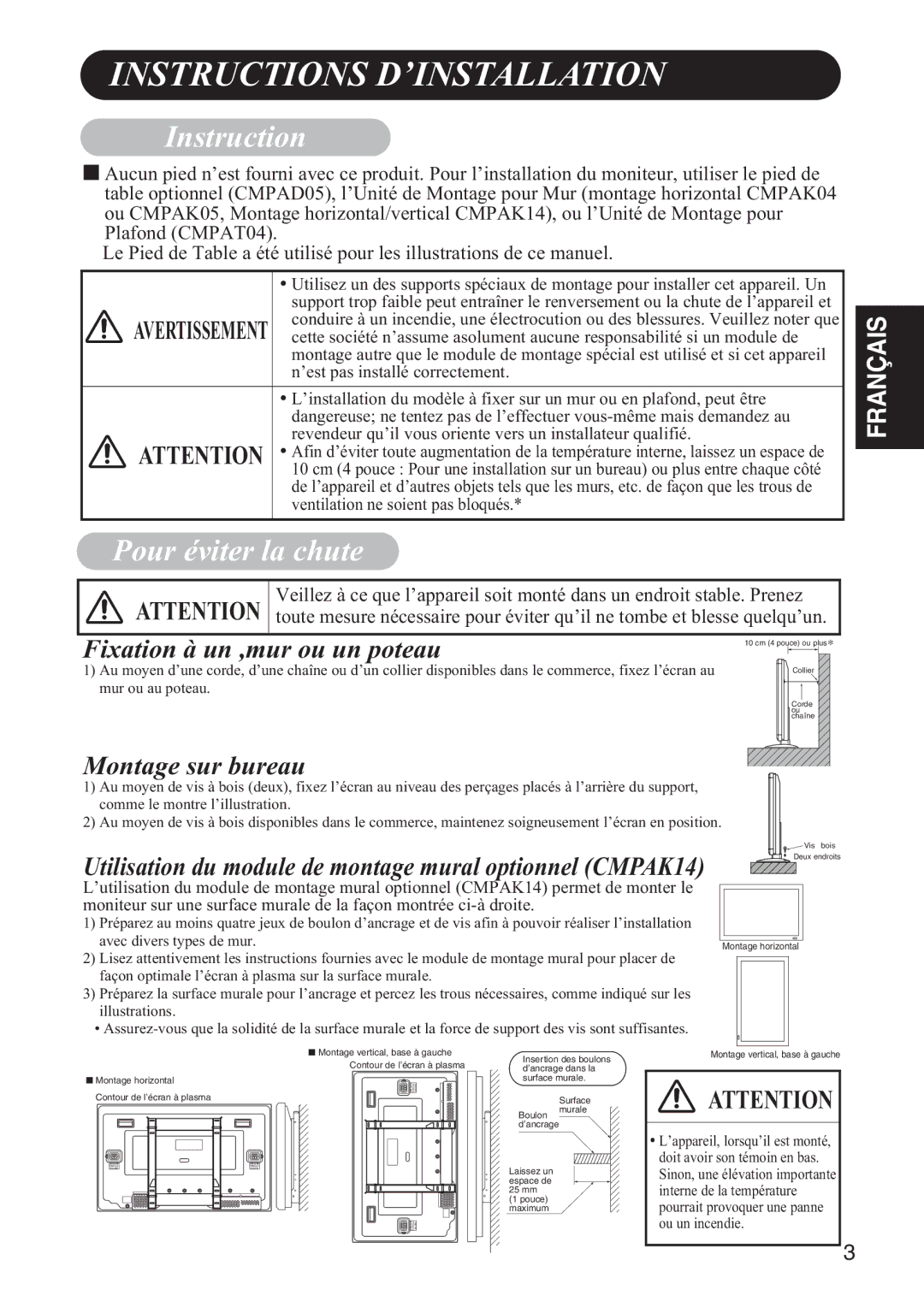 Hitachi 42HDW10 user manual Instructions D’INSTALLATION, Pour éviter la chute 