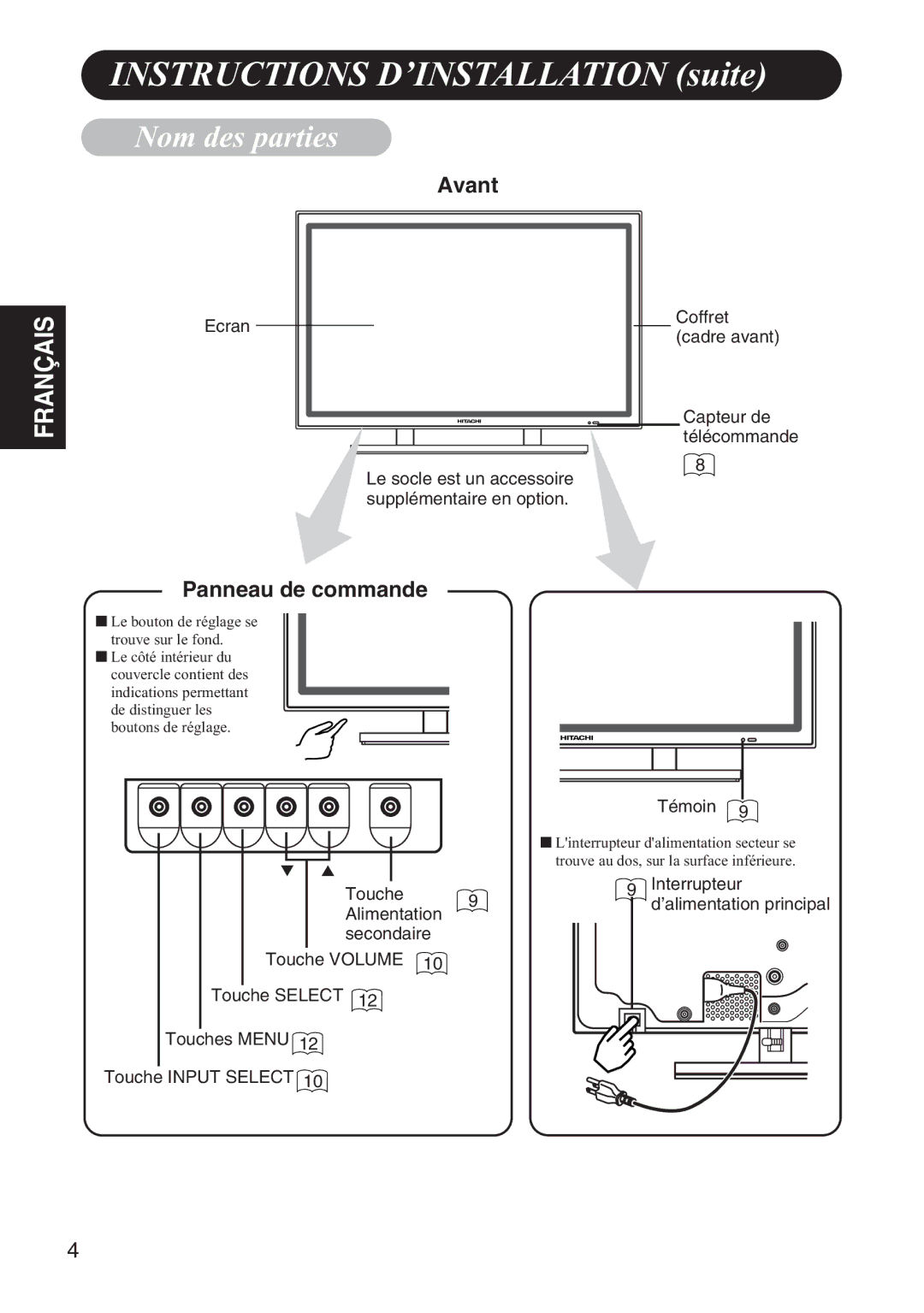 Hitachi 42HDW10 user manual Instructions D’INSTALLATION suite, Nom des parties, Avant, Panneau de commande 