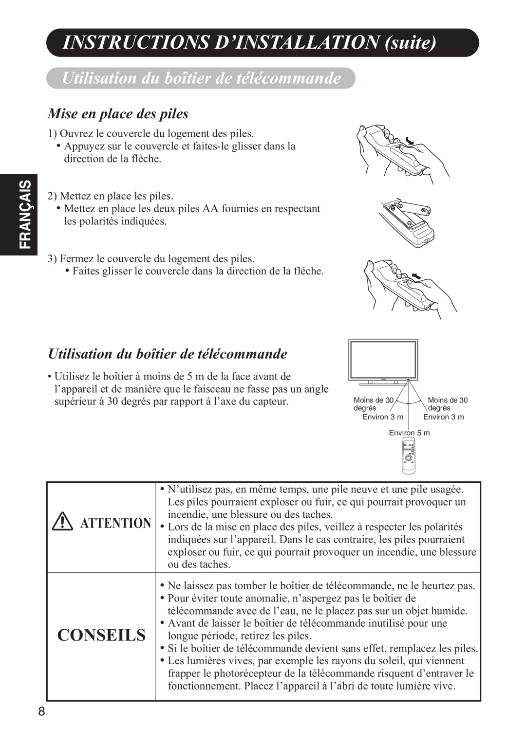 Hitachi 42HDW10 user manual Utilisation du boîtier de télécommande, Mise en place des piles 