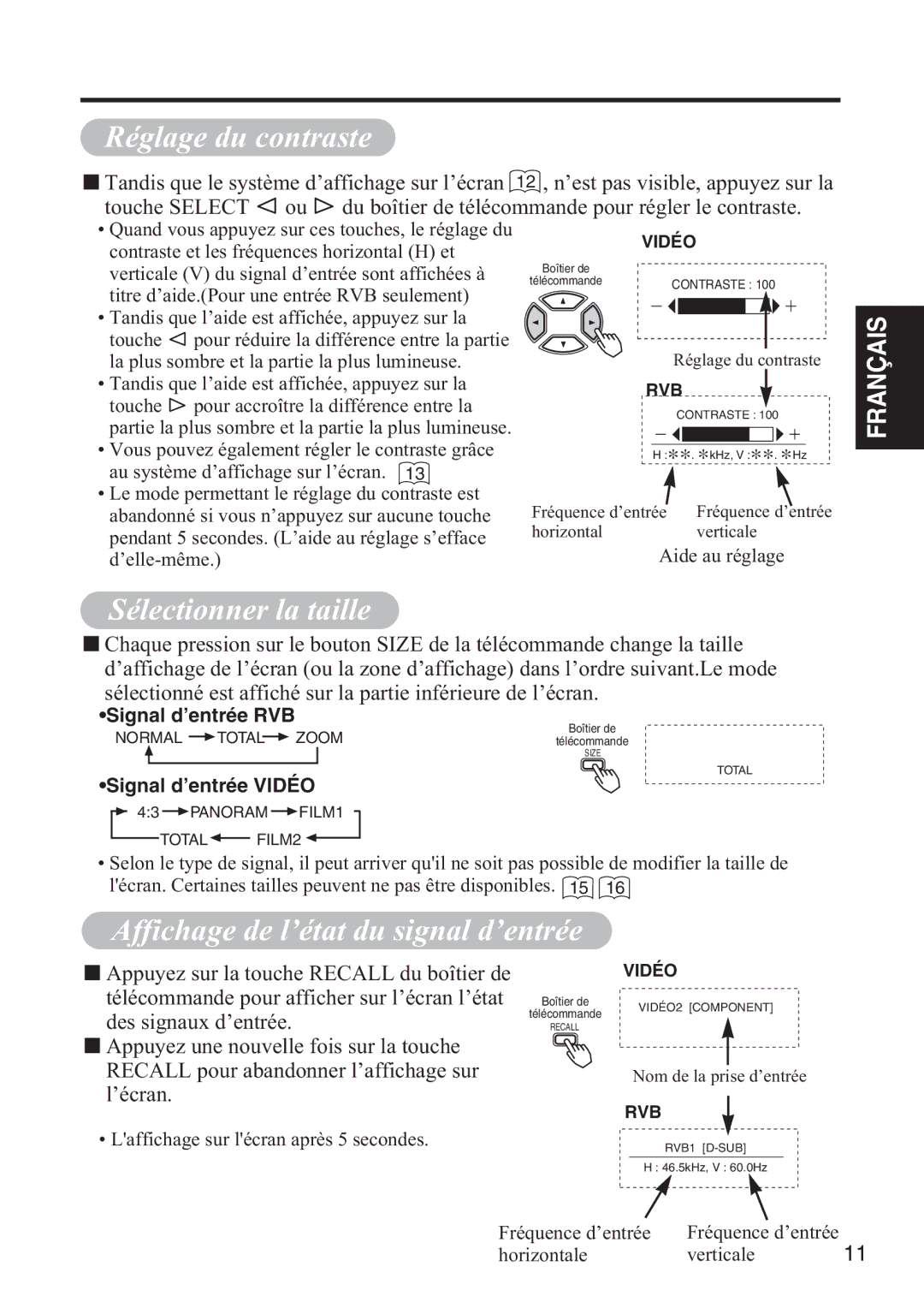 Hitachi 42HDW10 Réglage du contraste, Sélectionner la taille, Affichage de l’état du signal d’entrée, Signal d’entrée RVB 