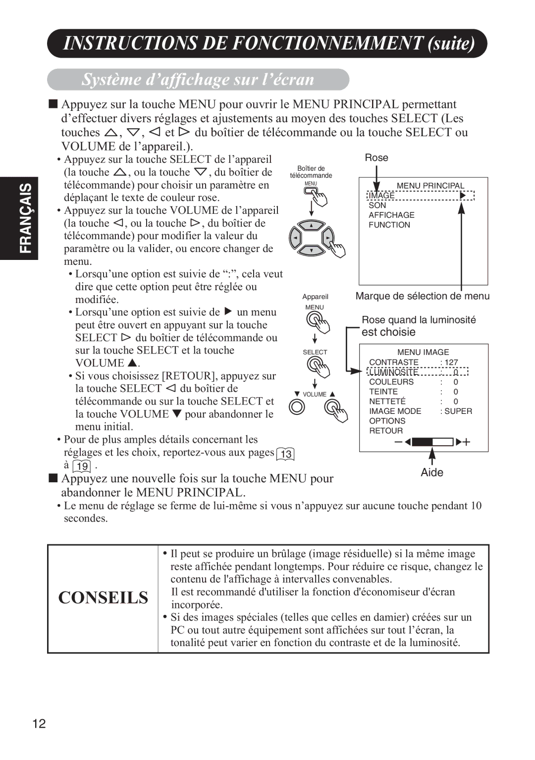 Hitachi 42HDW10 user manual Système d’affichage sur l’écran, Marque de sélection de menu, Rose quand la luminosité 