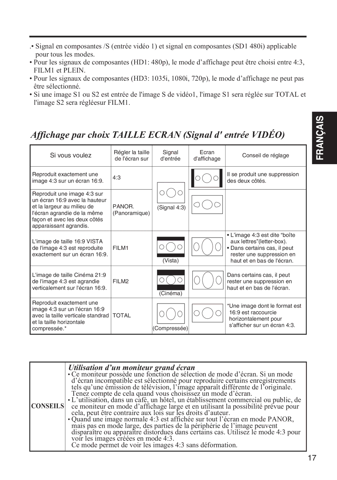 Hitachi 42HDW10 user manual Affichage par choix Taille Ecran Signal d entrée Vidéo, Si vous voulez 