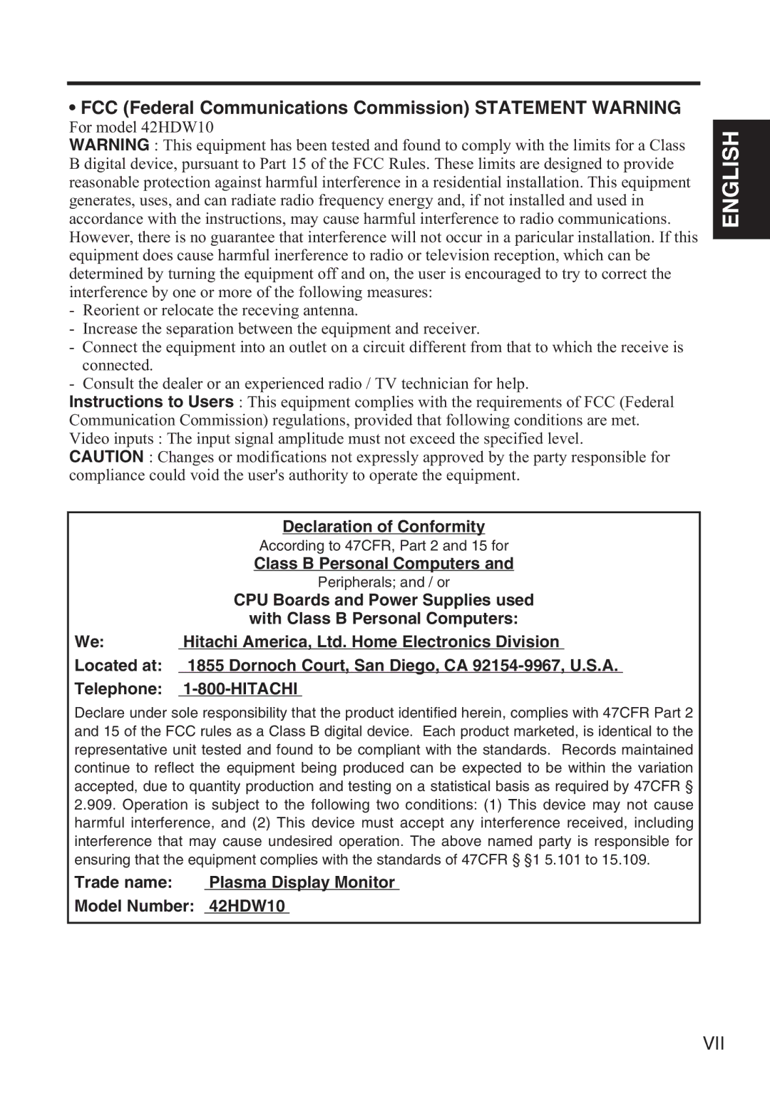 Hitachi 42HDW10 user manual FCC Federal Communications Commission Statement Warning 