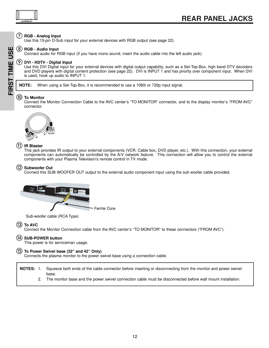 Hitachi 42HDX60 RGB Analog Input, RGB Audio Input, DVI Hdtv Digital Input, To Monitor, IR Blaster, Subwoofer Out, To AVC 