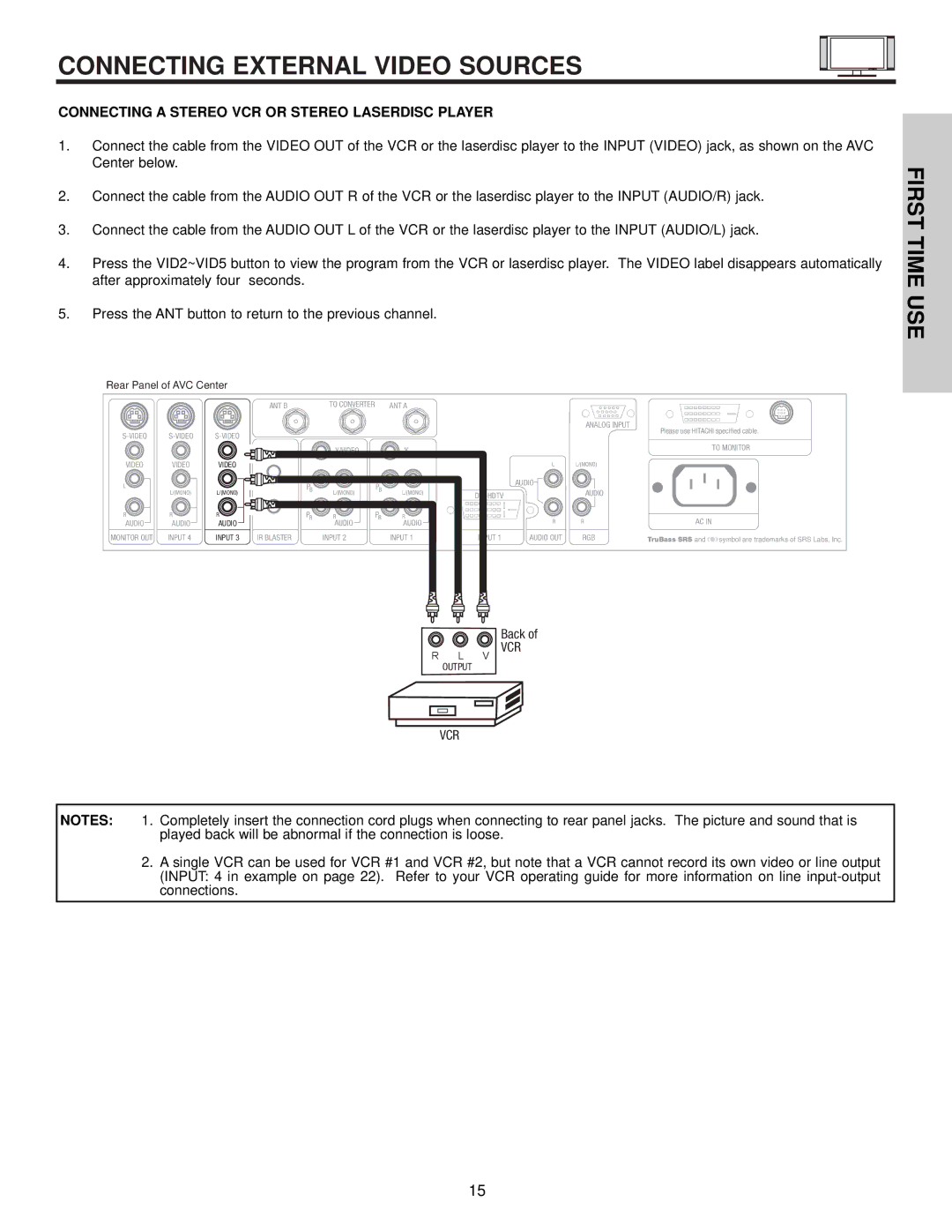 Hitachi 42HDX60 important safety instructions Connecting a Stereo VCR or Stereo Laserdisc Player 