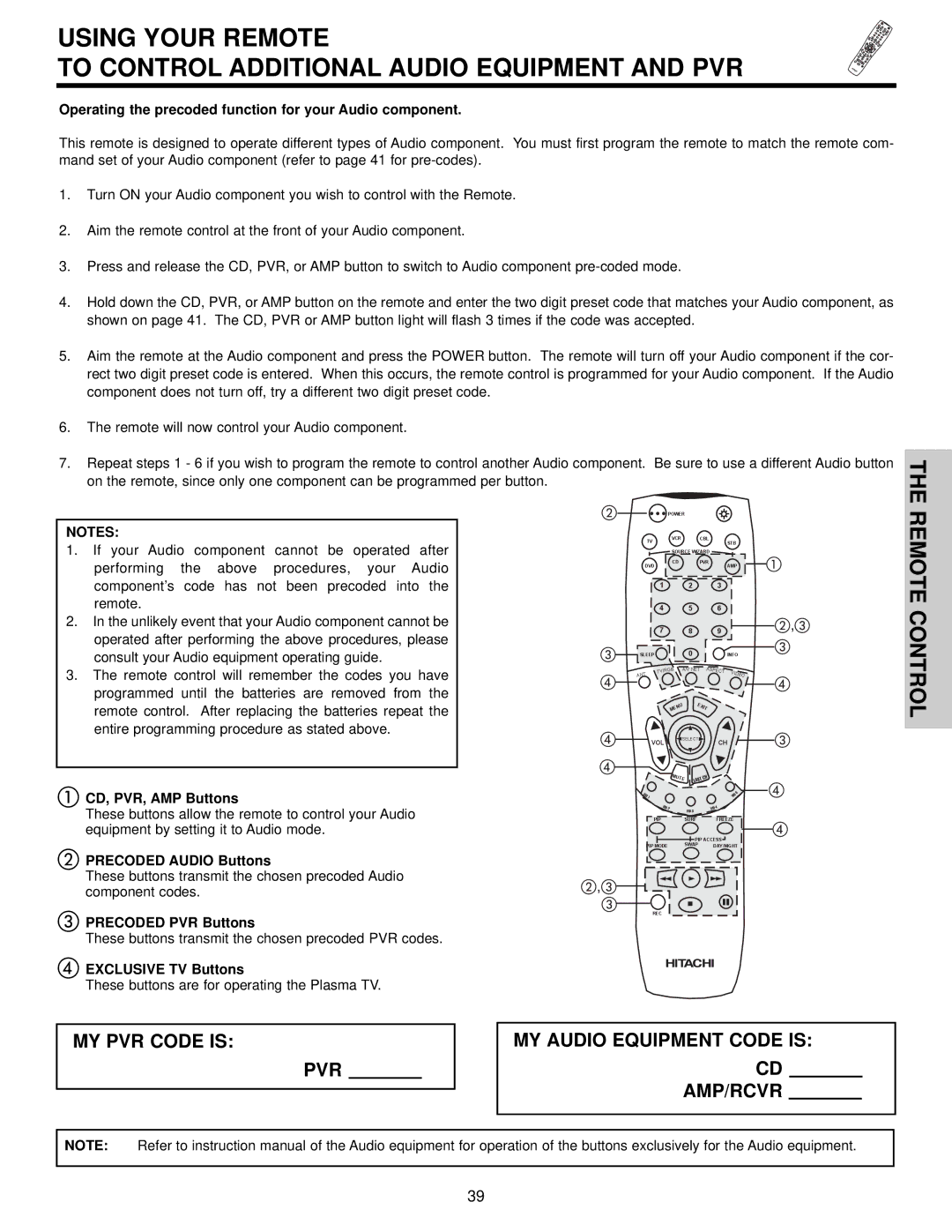 Hitachi 42HDX60 Operating the precoded function for your Audio component, Precoded Audio Buttons, Precoded PVR Buttons 
