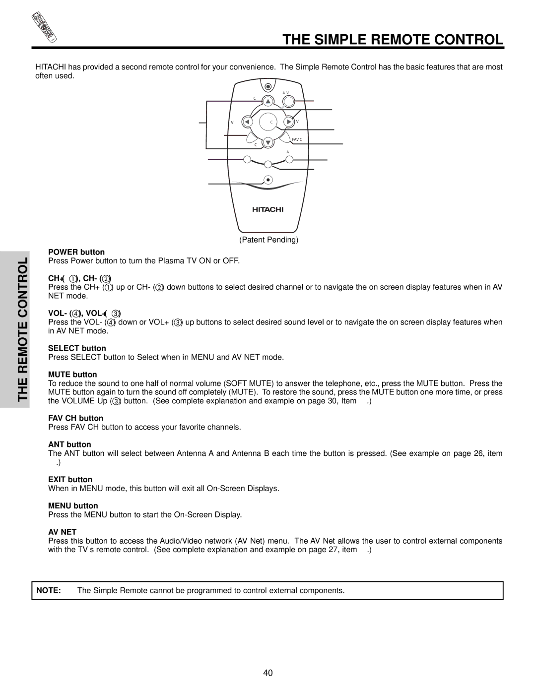 Hitachi 42HDX60 important safety instructions Simple Remote Control, Av Net 