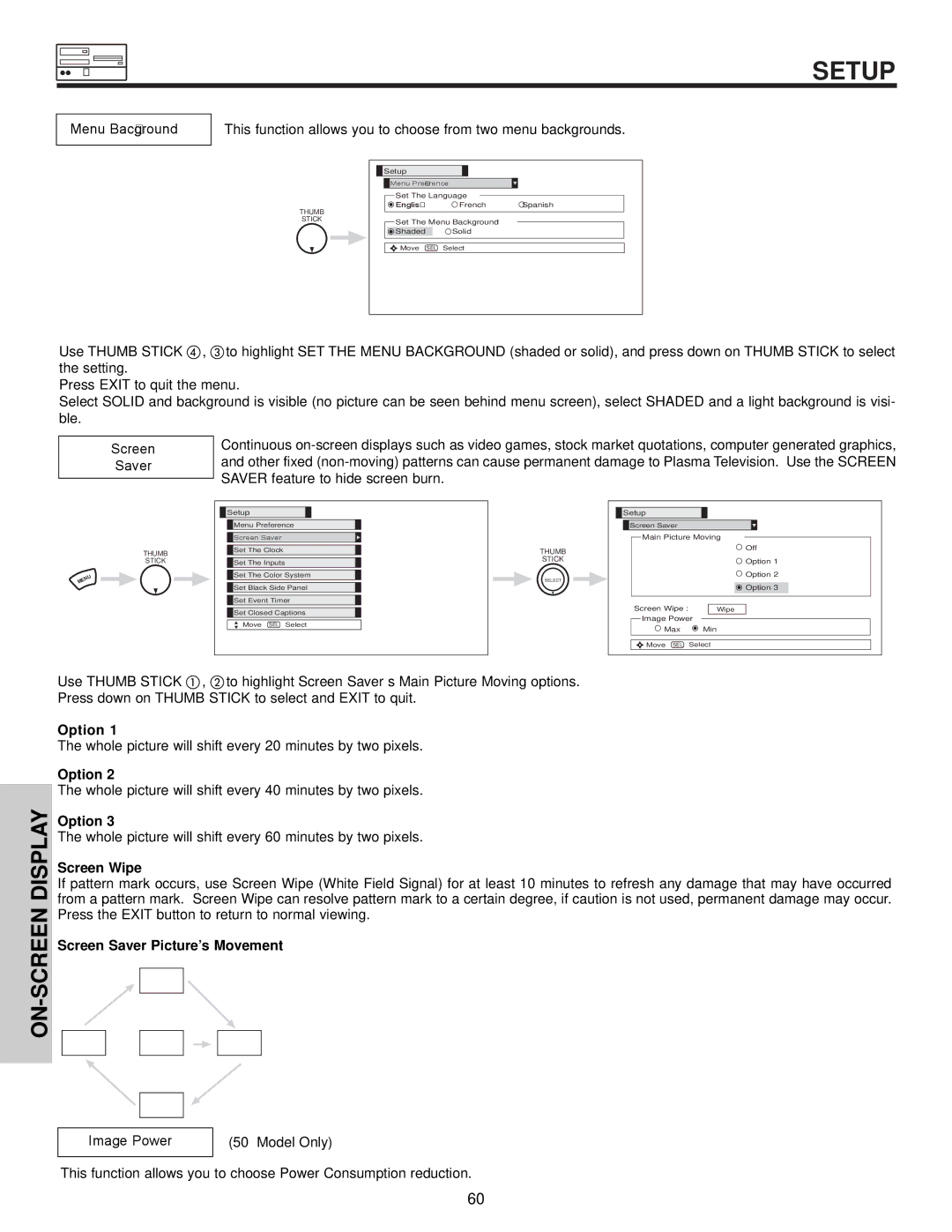 Hitachi 42HDX60 important safety instructions Menu Background, Screen Saver, Image Power 