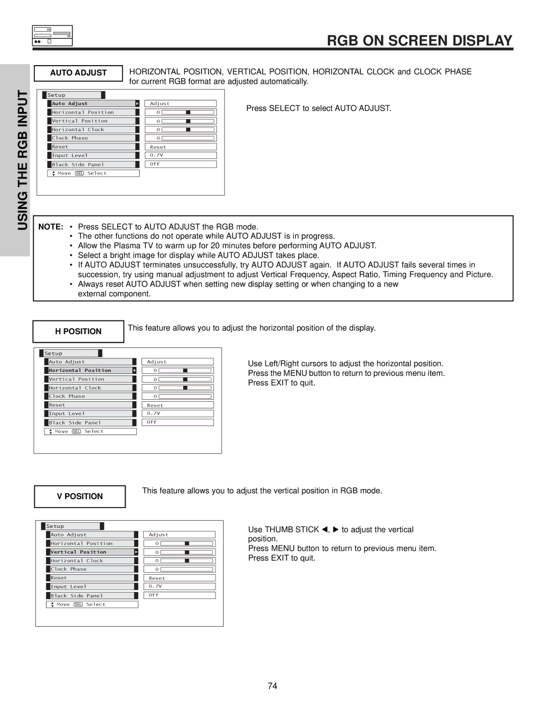 Hitachi 42HDX60 important safety instructions Auto Adjust, Position 