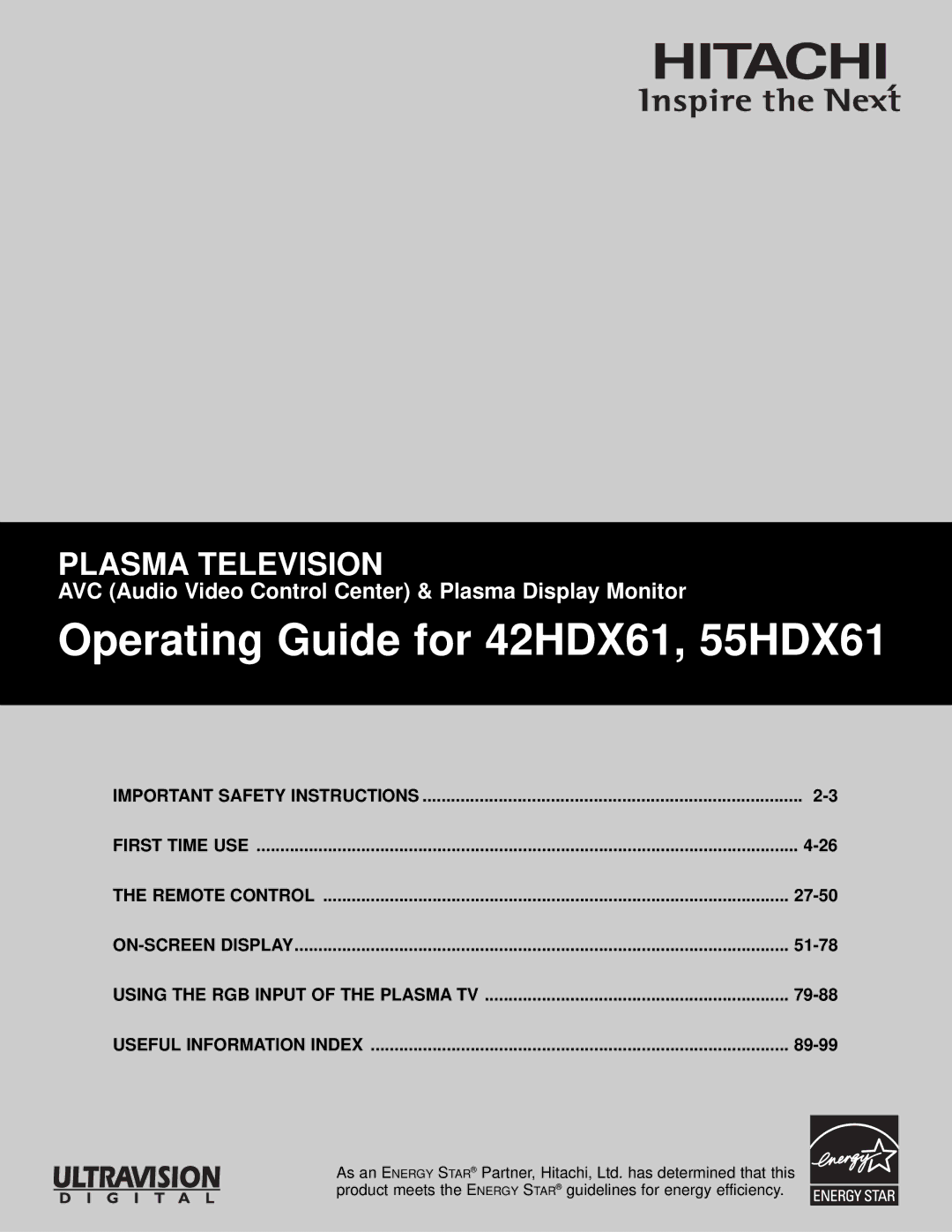 Hitachi important safety instructions Operating Guide for 42HDX61, 55HDX61 