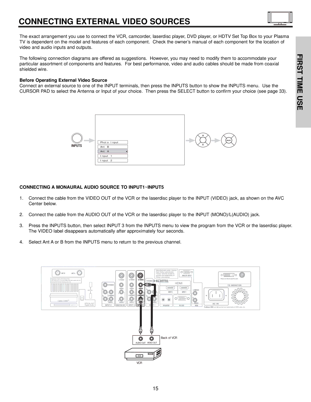 Hitachi 42HDX61 Before Operating External Video Source, Connecting a Monaural Audio Source to INPUT1~INPUT5 