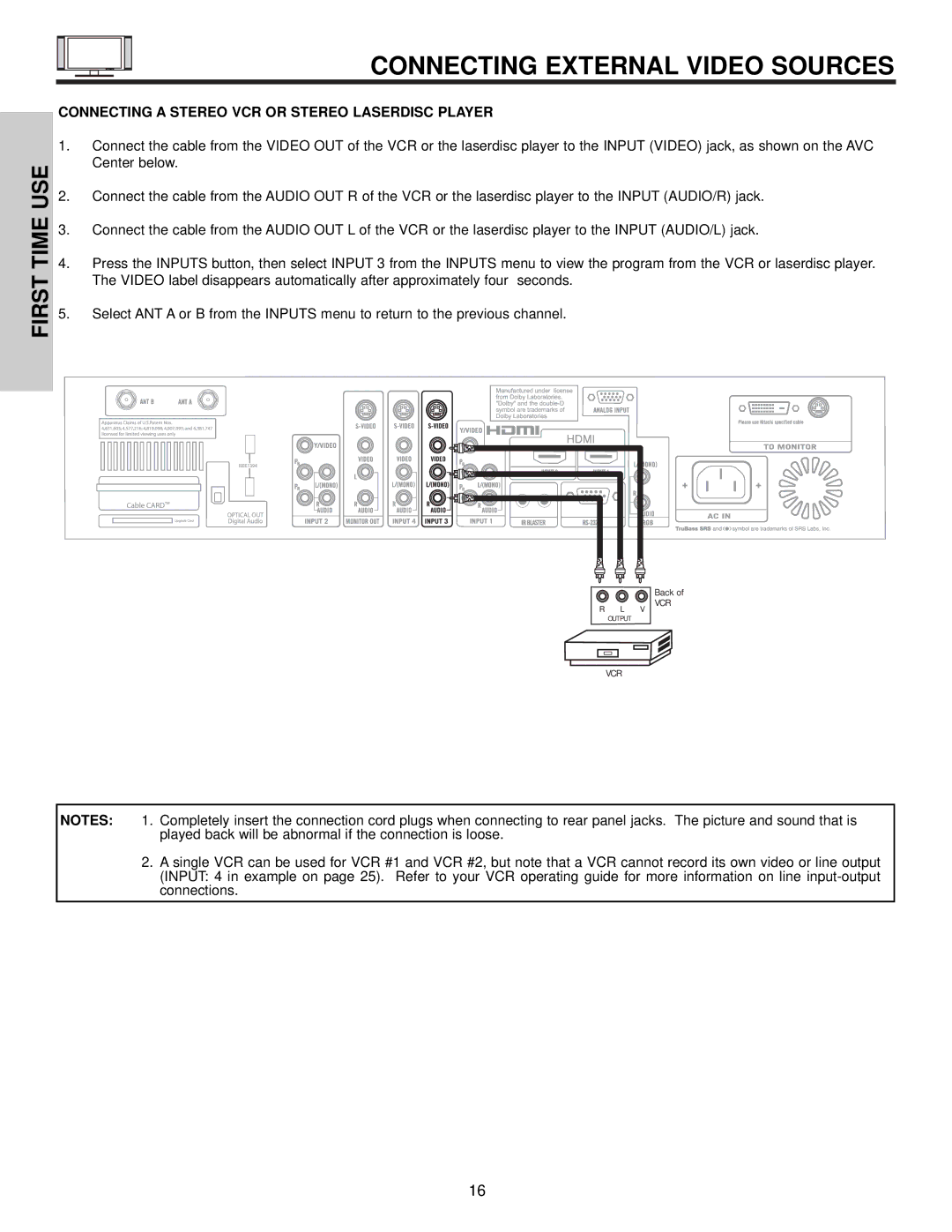 Hitachi 42HDX61 important safety instructions Connecting a Stereo VCR or Stereo Laserdisc Player 