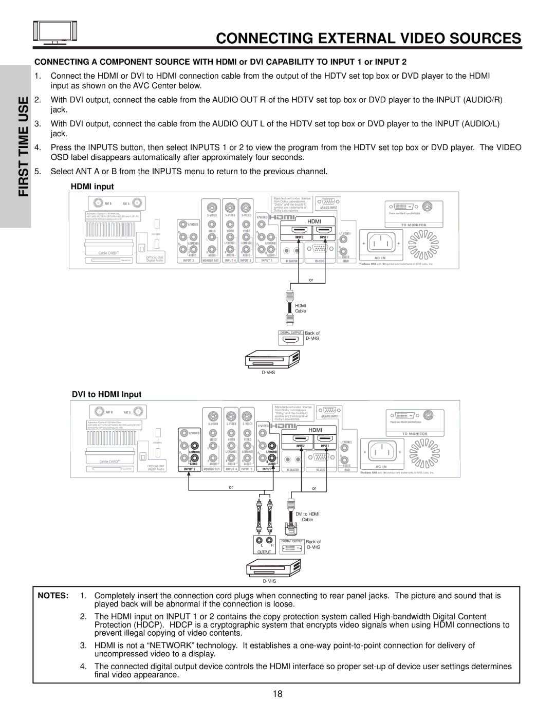 Hitachi 42HDX61 important safety instructions Hdmi input, DVI to Hdmi Input 