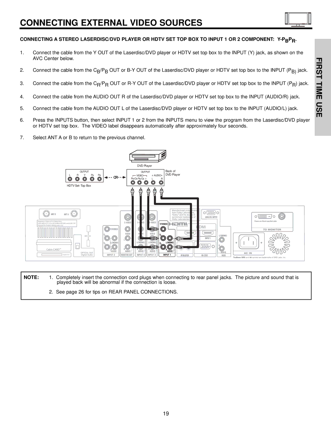 Hitachi 42HDX61 important safety instructions See page 26 for tips on Rear Panel Connections 