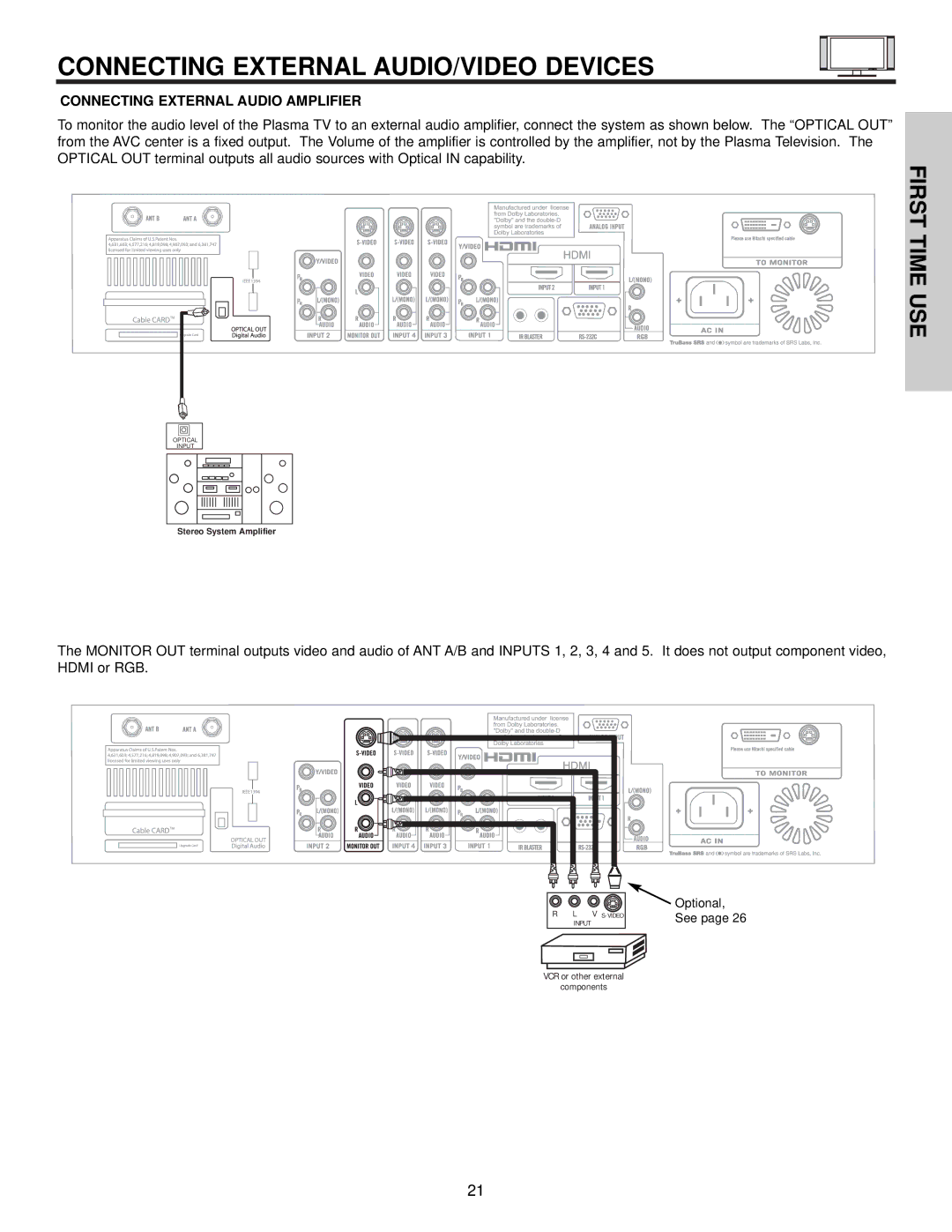 Hitachi 42HDX61 important safety instructions Connecting External AUDIO/VIDEO Devices, Connecting External Audio Amplifier 