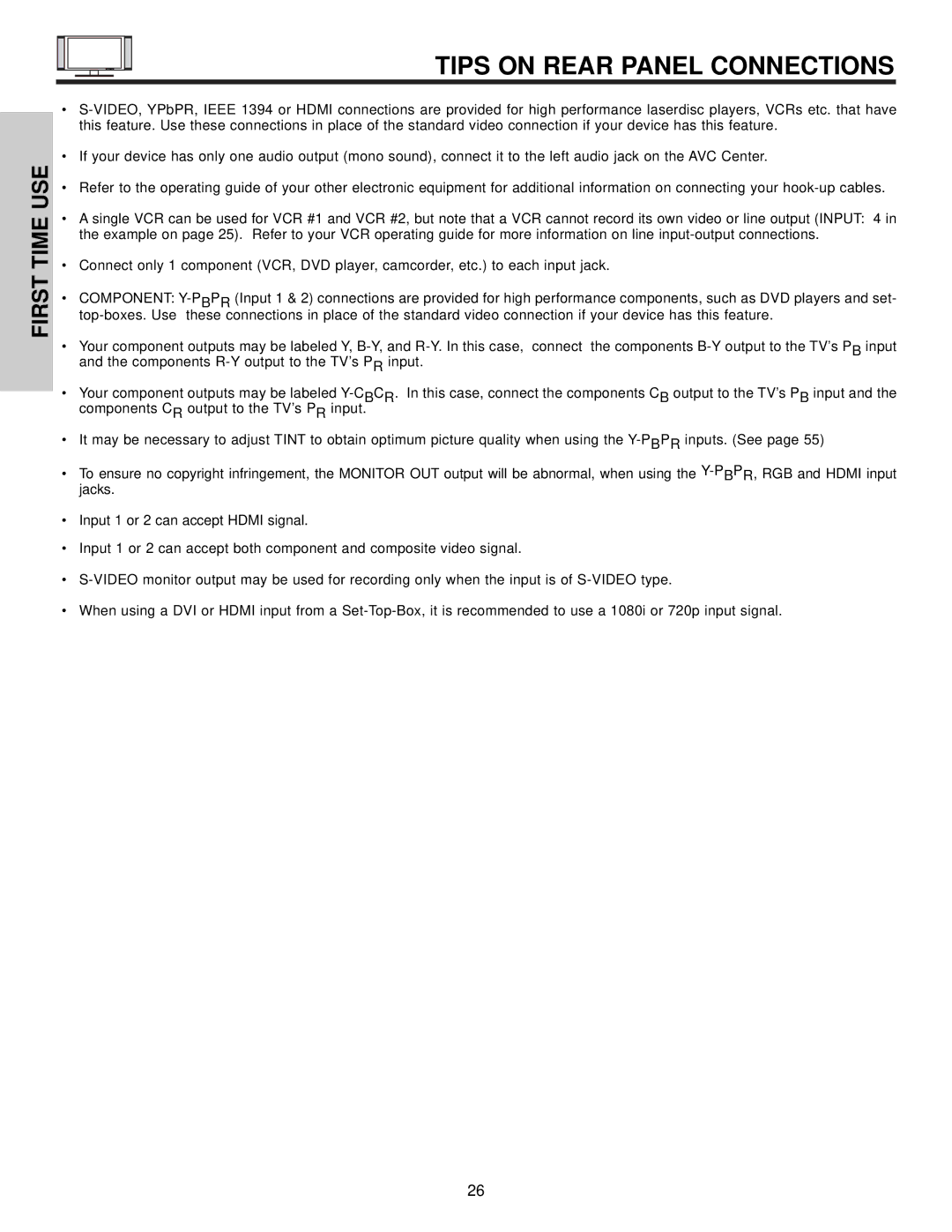 Hitachi 42HDX61 important safety instructions Tips on Rear Panel Connections 