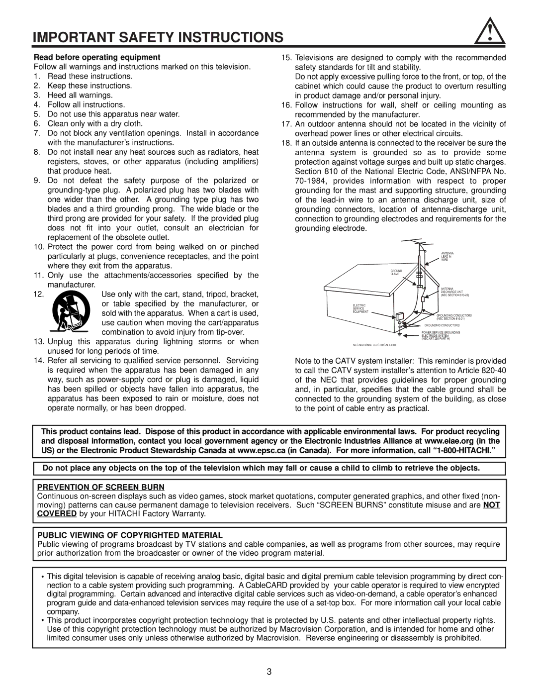 Hitachi 42HDX61 Read before operating equipment, Prevention of Screen Burn, Public Viewing of Copyrighted Material 