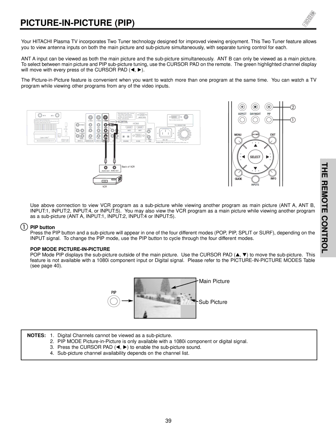 Hitachi 42HDX61 important safety instructions Picture-In-Picture Pip, PIP button, POP Mode PICTURE-IN-PICTURE 