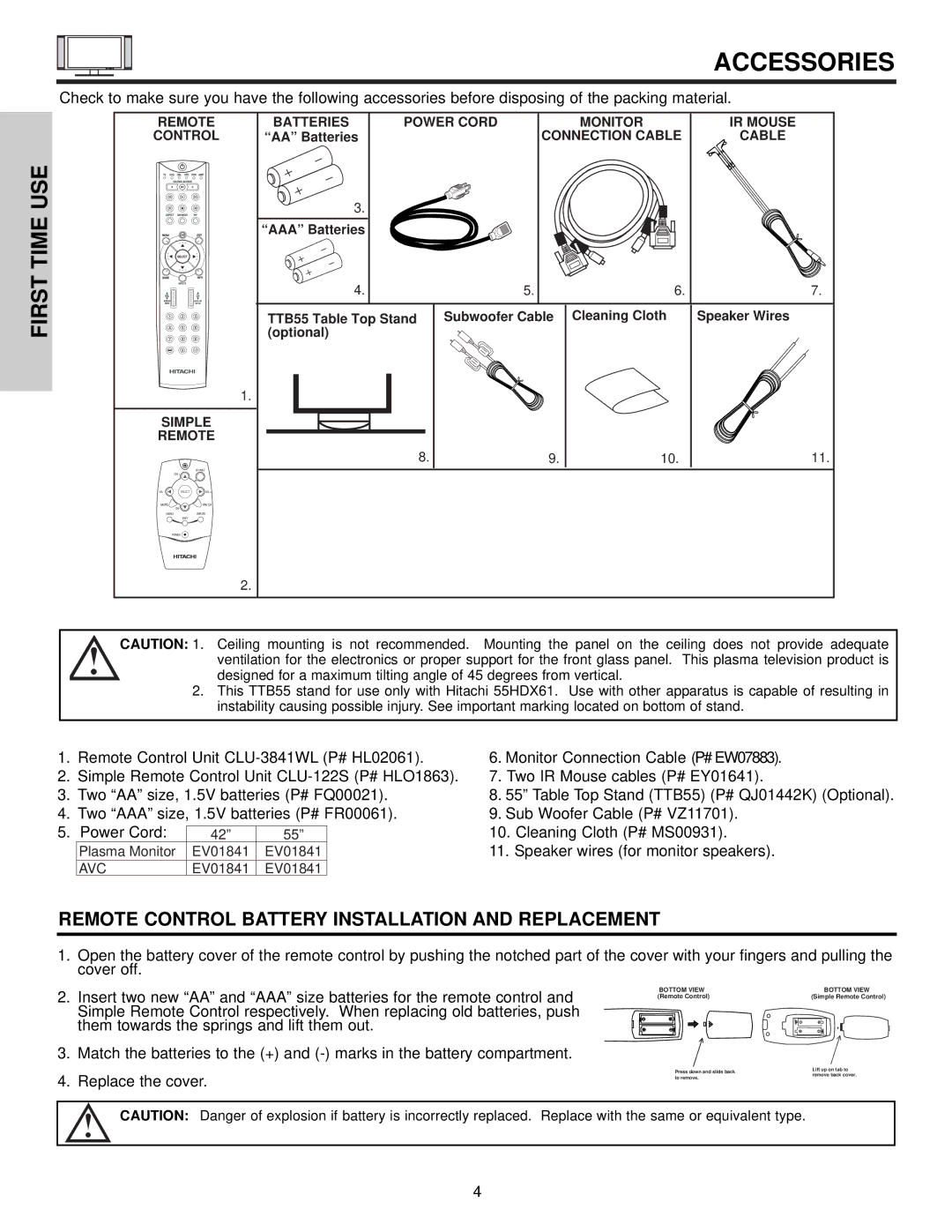 Hitachi 42HDX61 important safety instructions Accessories, First 