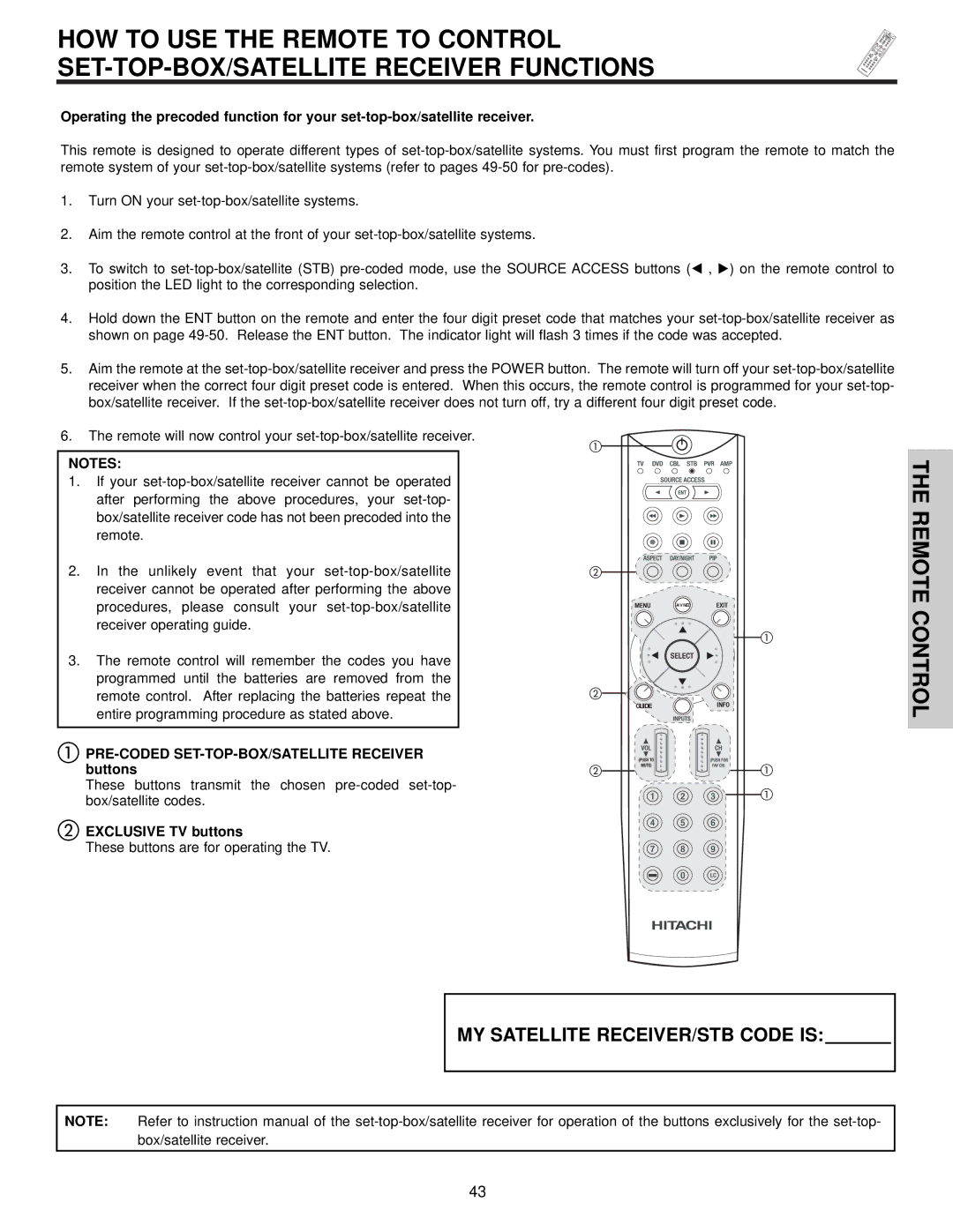 Hitachi 42HDX61 important safety instructions PRE-CODED SET-TOP-BOX/SATELLITE Receiver buttons 