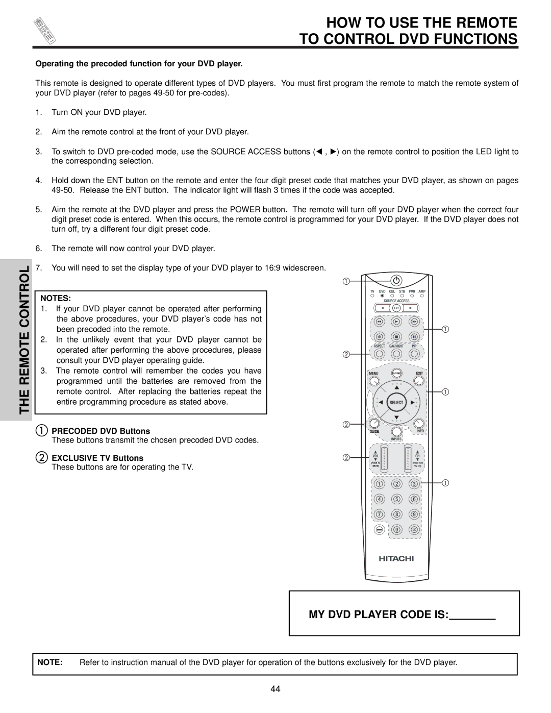 Hitachi 42HDX61 HOW to USE the Remote To Control DVD Functions, Operating the precoded function for your DVD player 