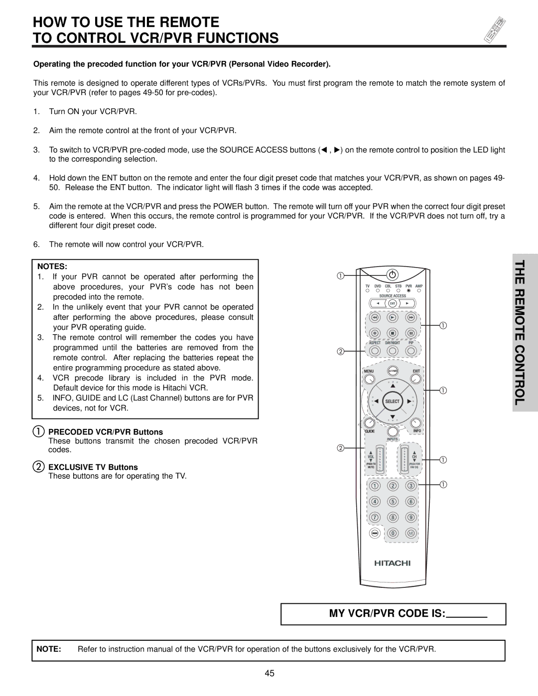 Hitachi 42HDX61 important safety instructions HOW to USE the Remote To Control VCR/PVR Functions, Precoded VCR/PVR Buttons 