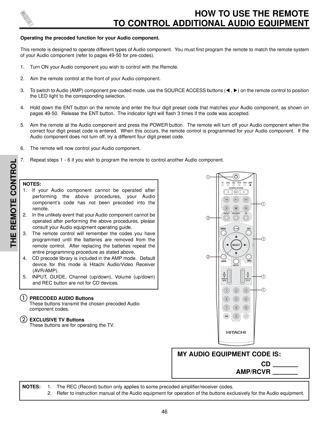 Hitachi 42HDX61 HOW to USE the Remote to Control Additional Audio Equipment, Precoded Audio Buttons 