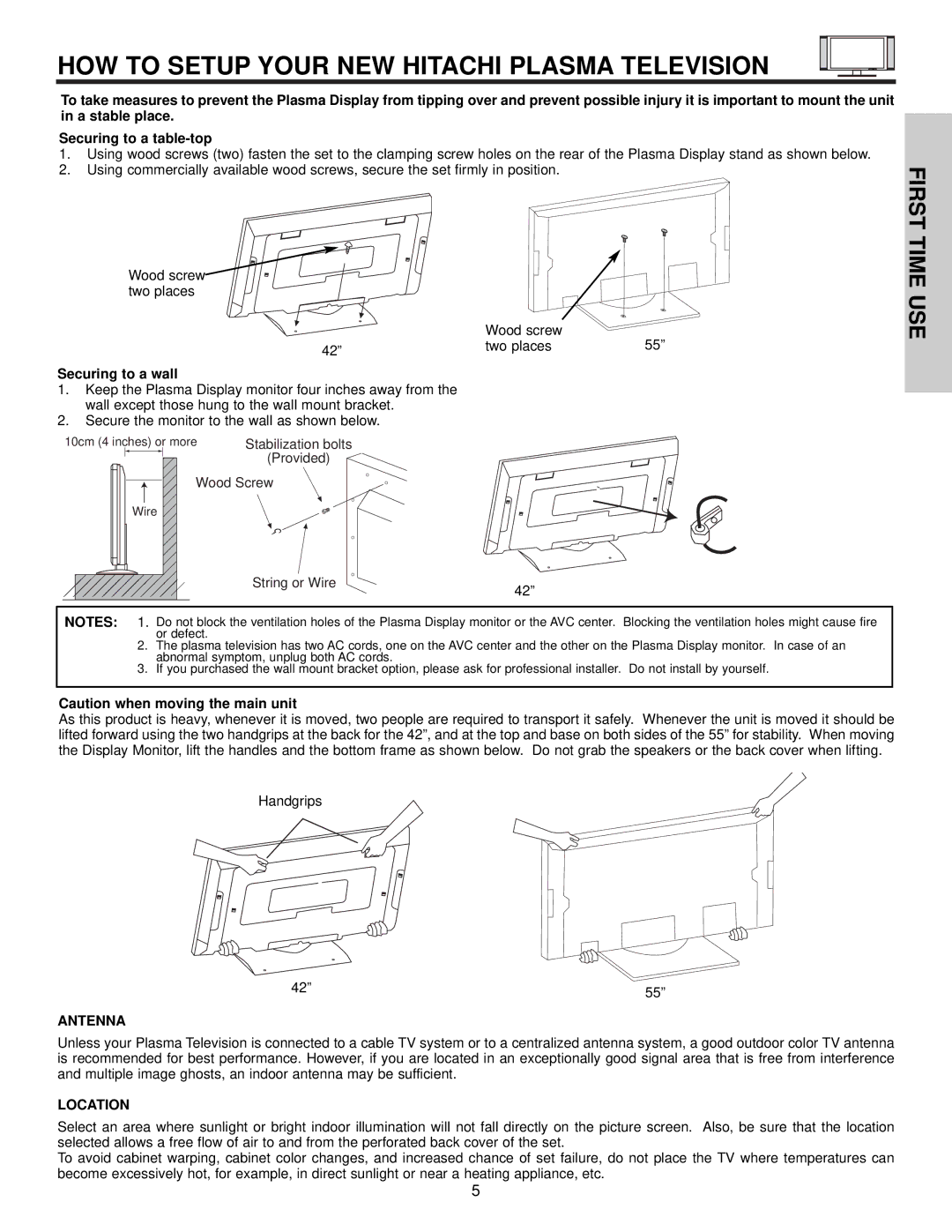 Hitachi 42HDX61 HOW to Setup Your NEW Hitachi Plasma Television, Securing to a wall, Antenna, Location 