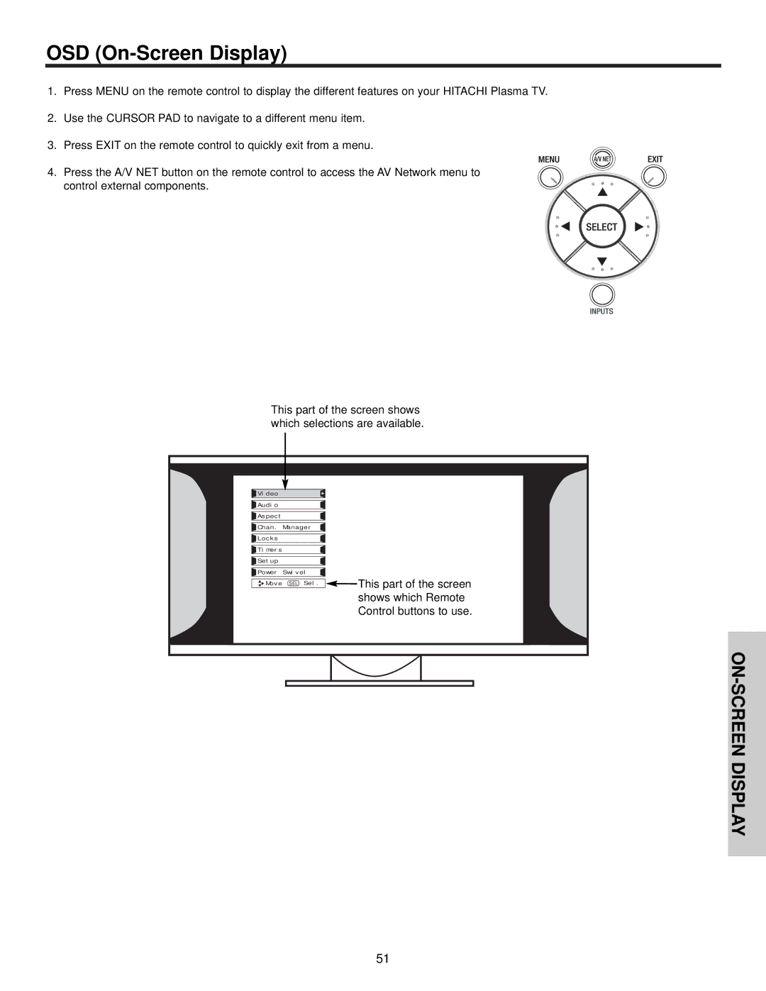 Hitachi 42HDX61 important safety instructions OSD On-Screen Display 