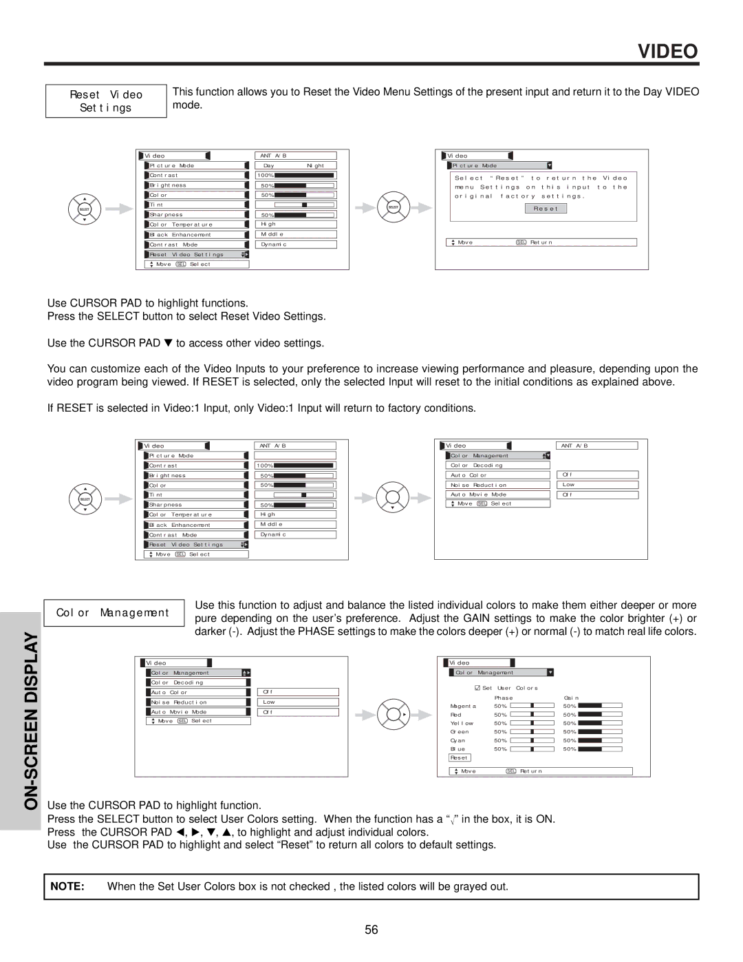 Hitachi 42HDX61 important safety instructions Reset Video Settings, Color Management 