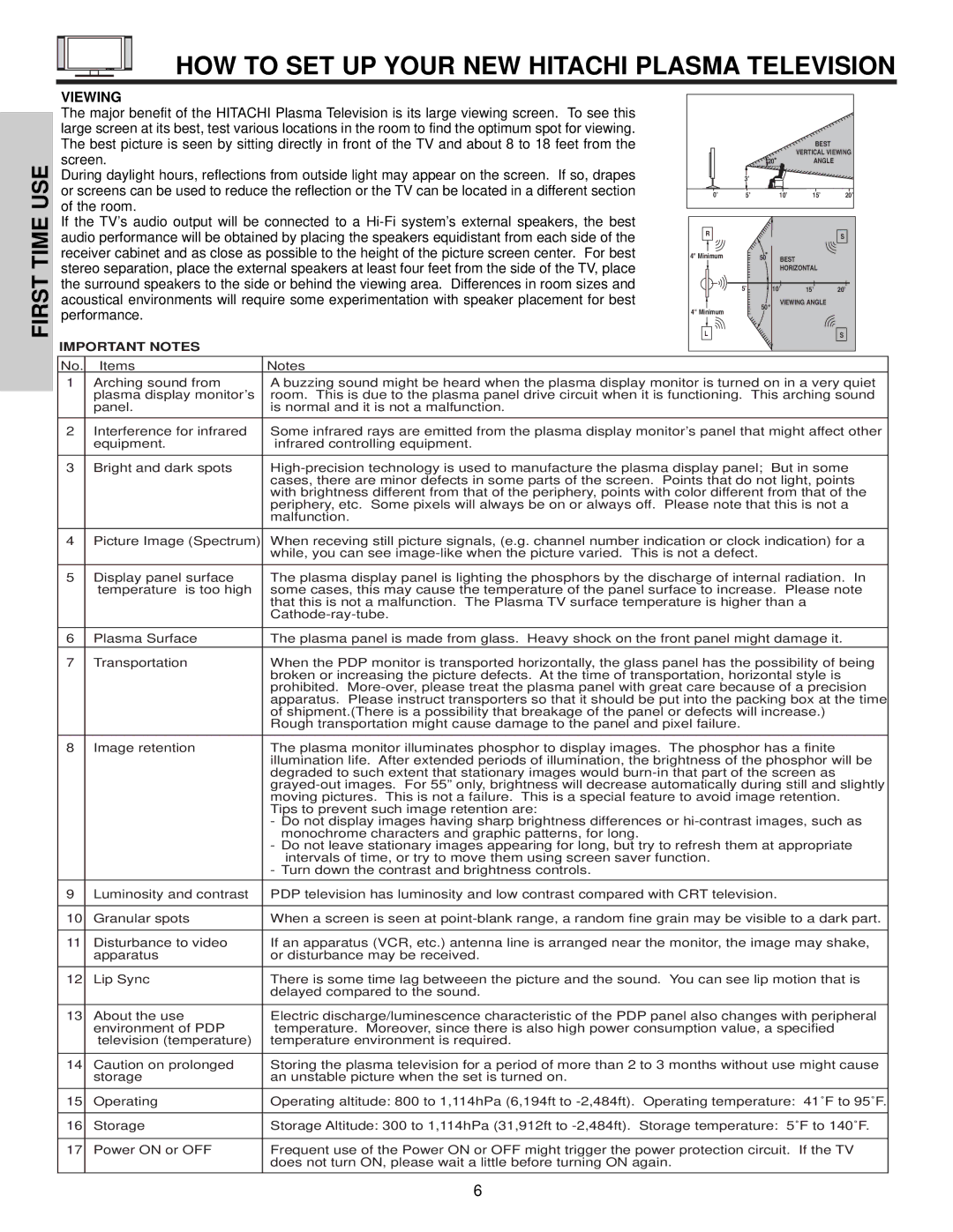 Hitachi 42HDX61 important safety instructions HOW to SET UP Your NEW Hitachi Plasma Television, Viewing 