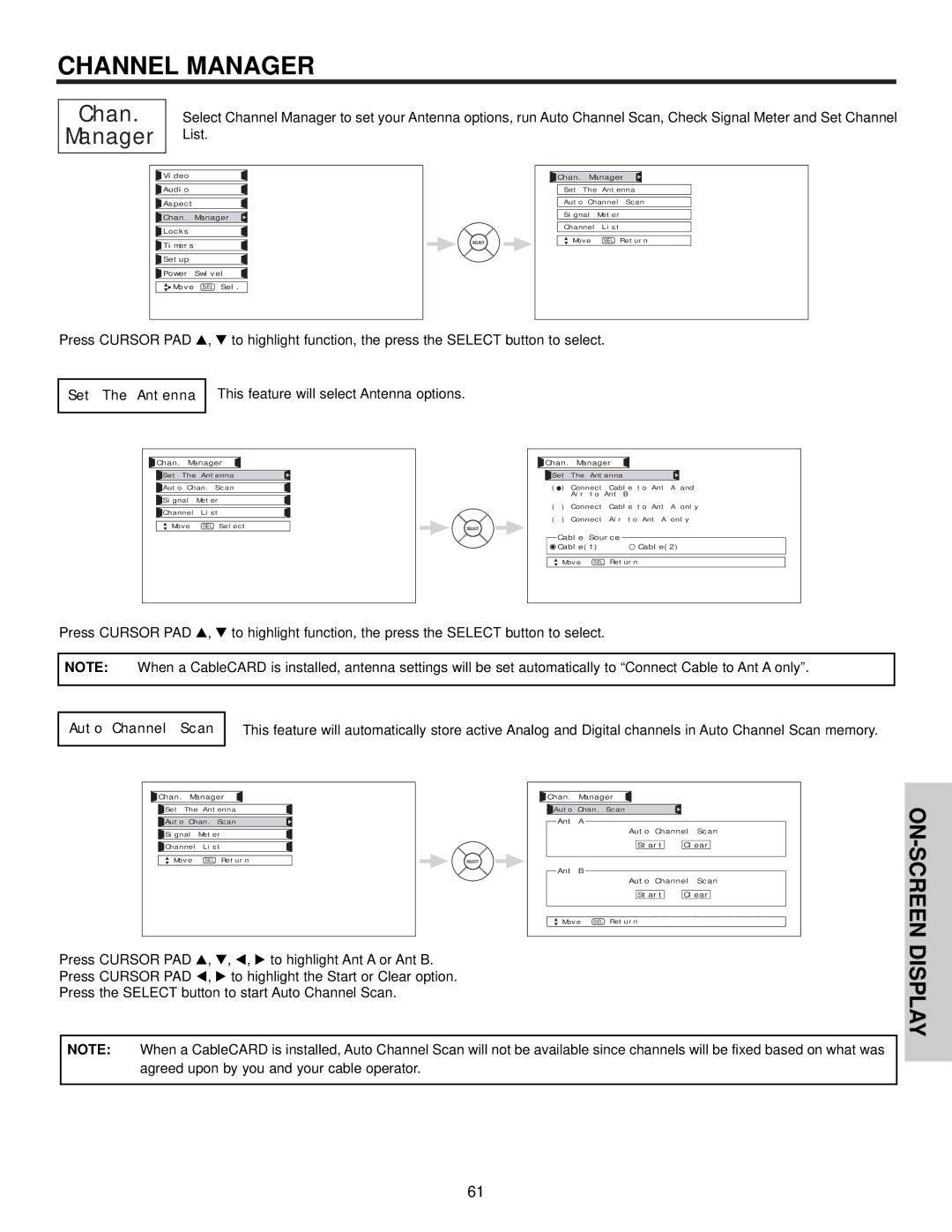 Hitachi 42HDX61 important safety instructions Channel Manager, Set The Antenna, Auto Channel Scan 