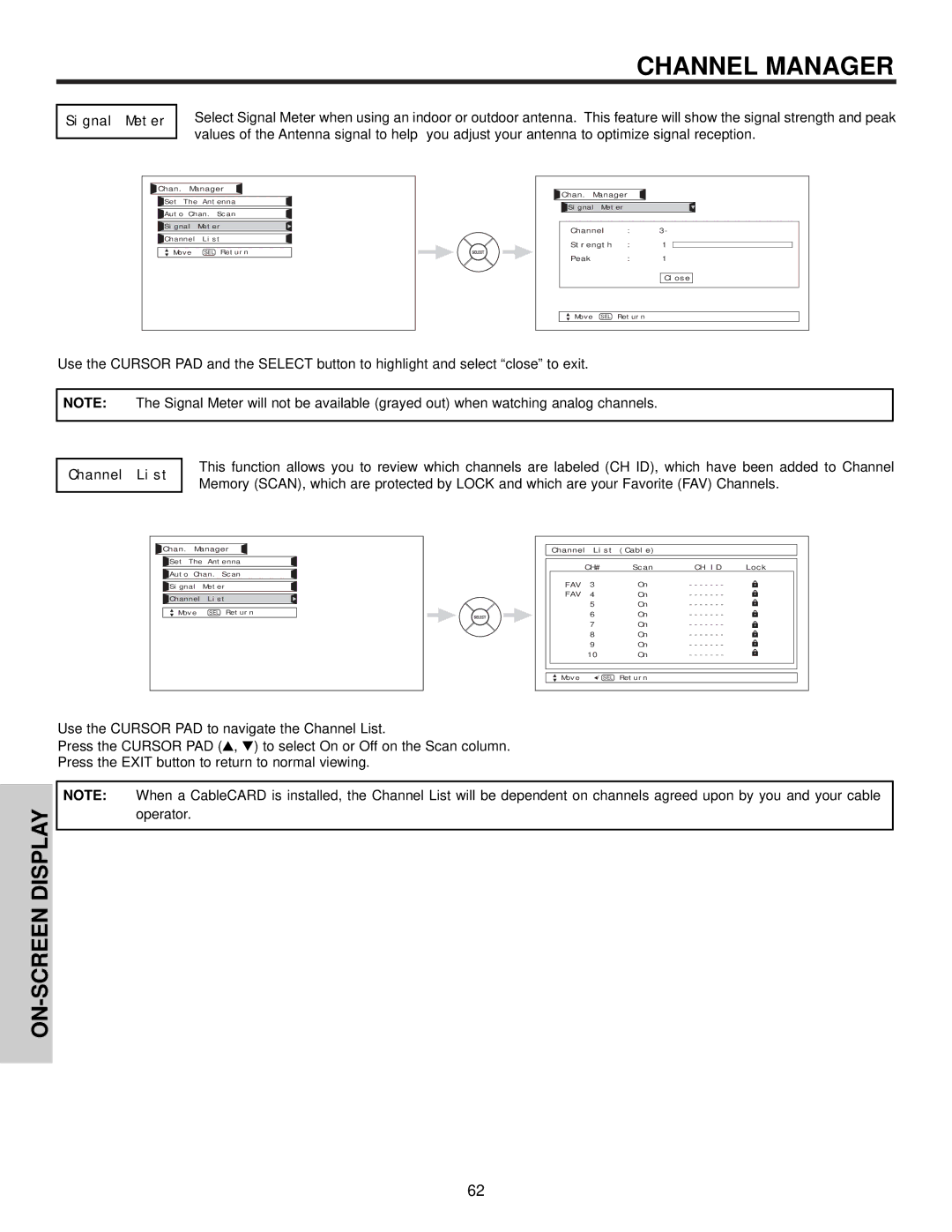 Hitachi 42HDX61 important safety instructions Signal Meter, Channel List 