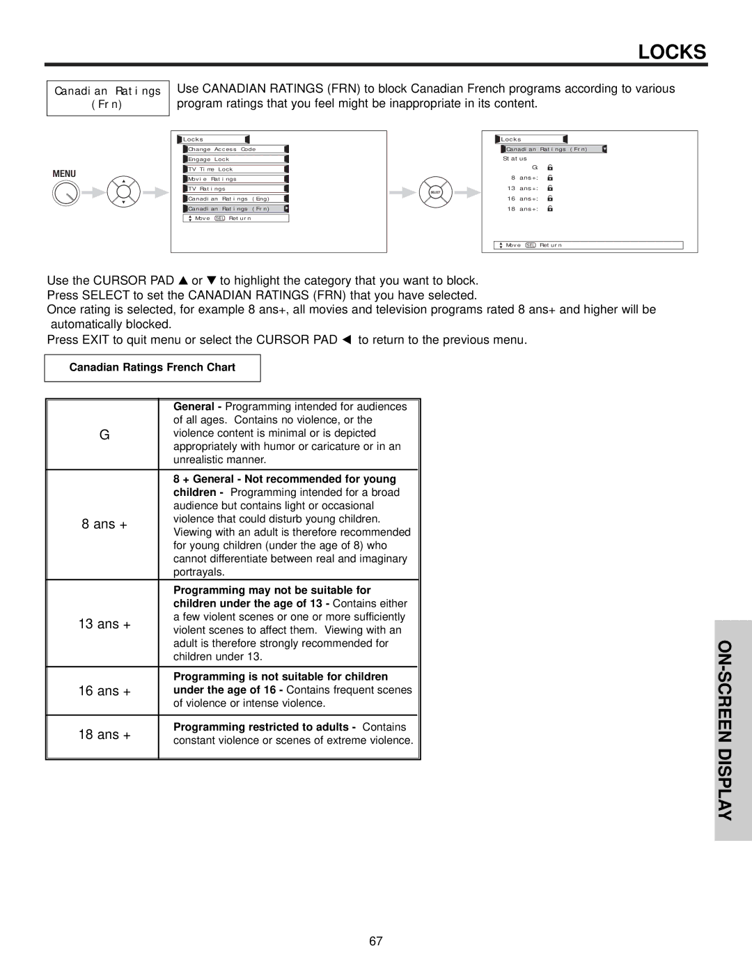 Hitachi 42HDX61 Canadian Ratings Frn, Canadian Ratings French Chart, Programming is not suitable for children 