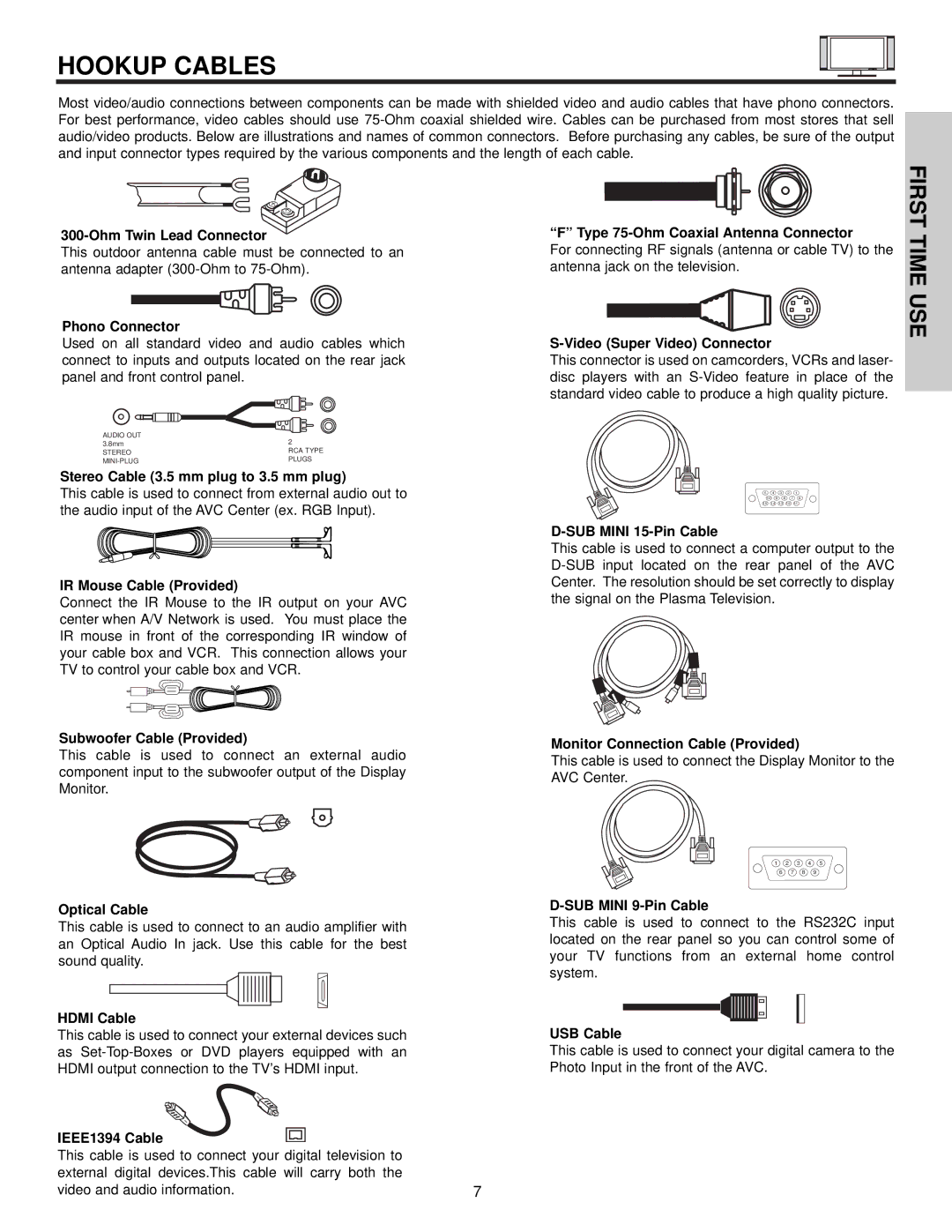 Hitachi 42HDX61 important safety instructions Hookup Cables 