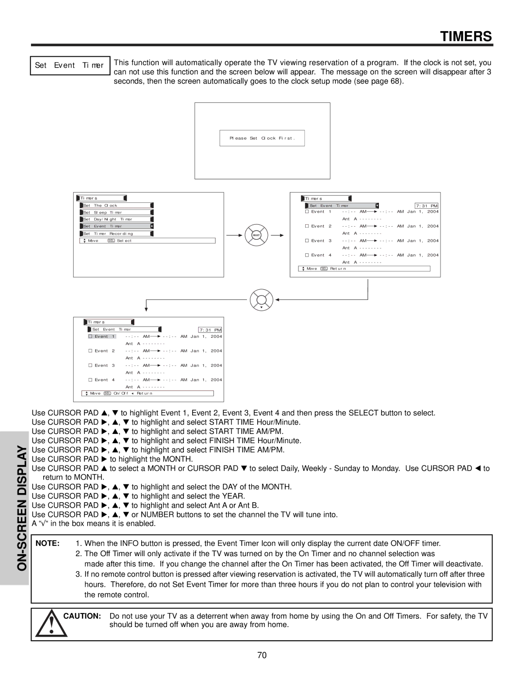 Hitachi 42HDX61 important safety instructions Set Event Timer, Please Set Clock First 